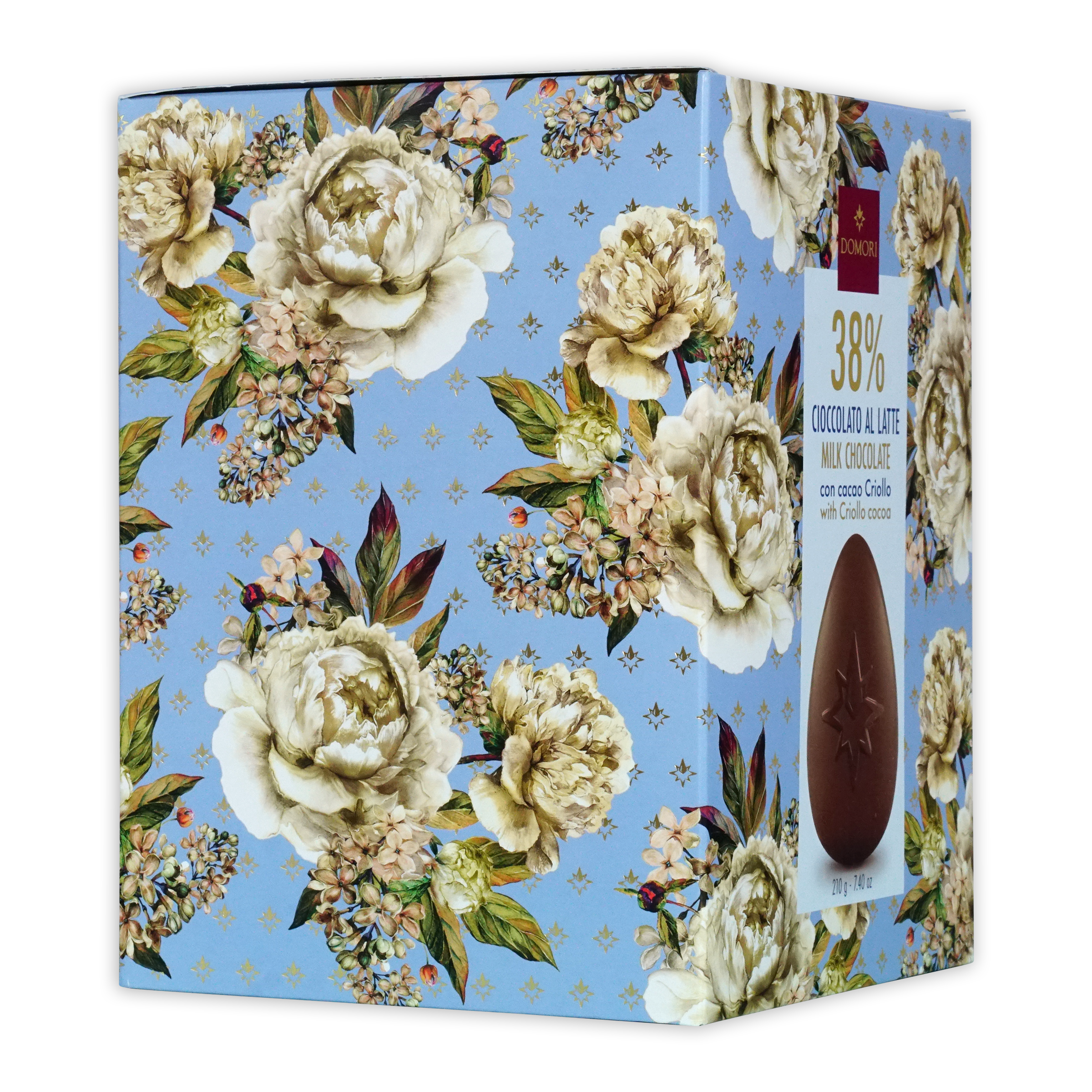 Rectangular domori easter egg milk chocolate box with 38% cocoa on a light blue floral cream and green background
