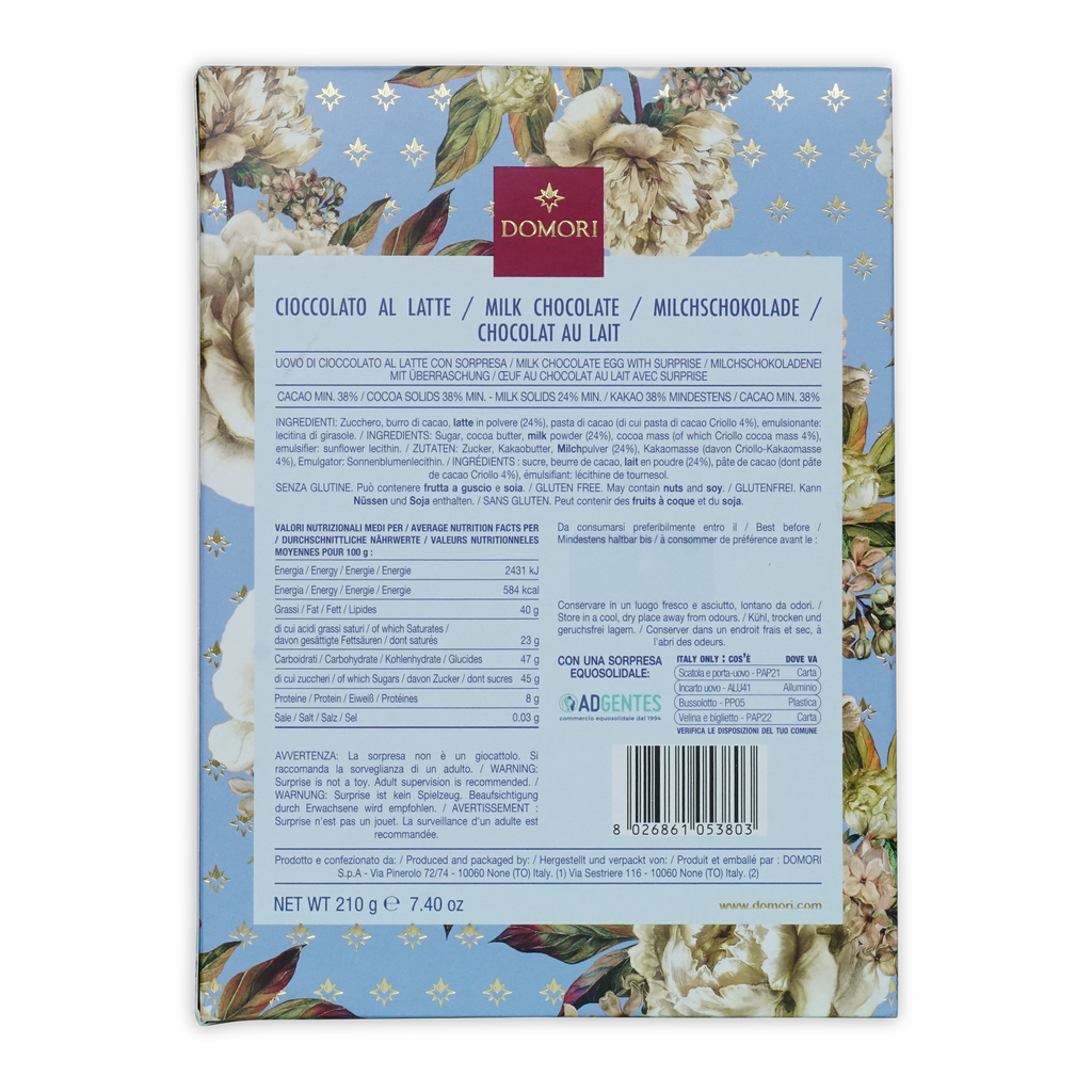 Domori easter egg milk chocolate bar in decorative box with floral and star patterns for seasonal gift