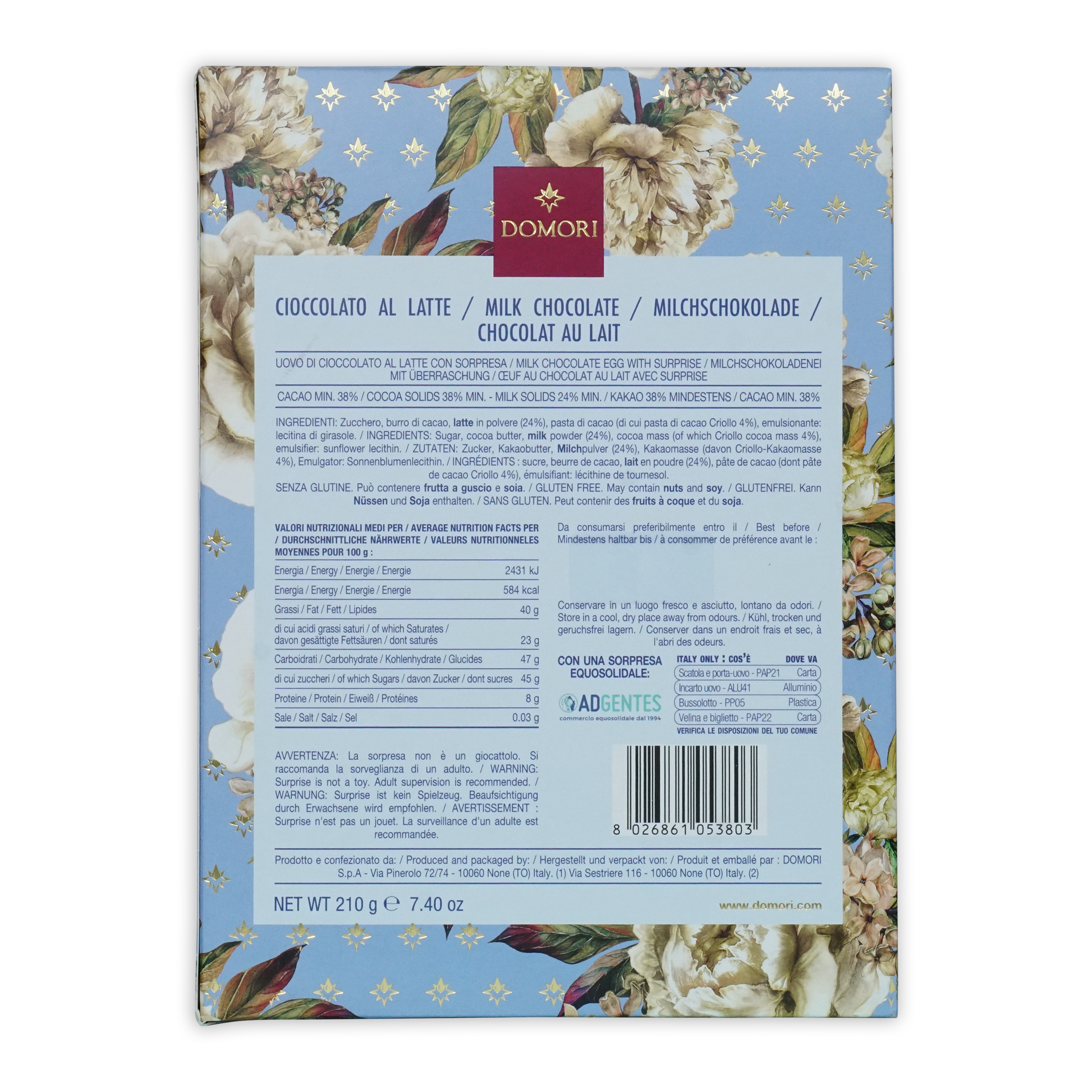 Domori easter egg milk chocolate bar in decorative box with floral and star patterns for seasonal gift