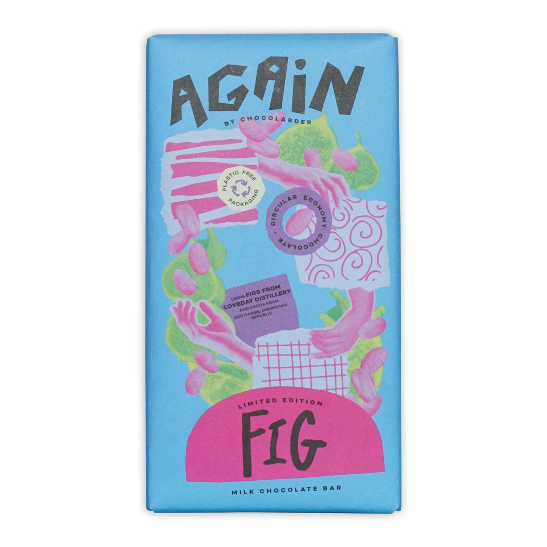 Chocolarder Fig Milk Chocolate 50% bar in vibrant blue pink package with figs leaves