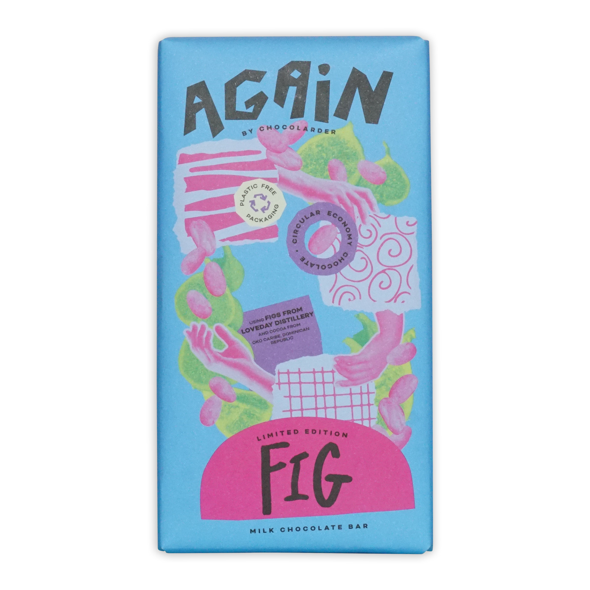 Chocolarder Fig Milk Chocolate 50% bar in vibrant blue pink package with figs leaves