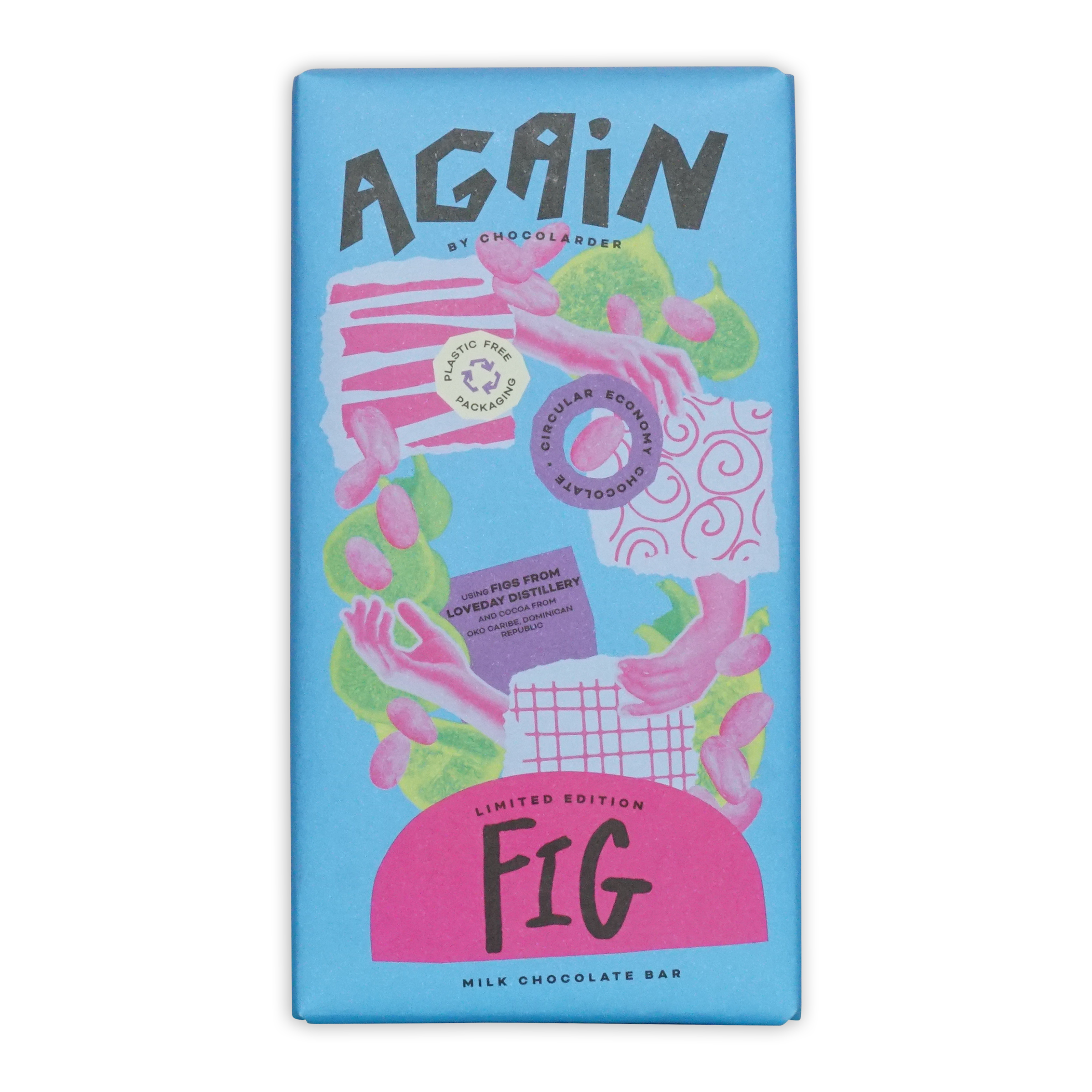Chocolarder Fig Milk Chocolate 50% bar in vibrant blue pink package with figs leaves