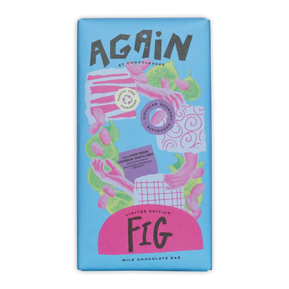Chocolarder Fig Milk Chocolate 50% bar in vibrant blue pink package with figs leaves