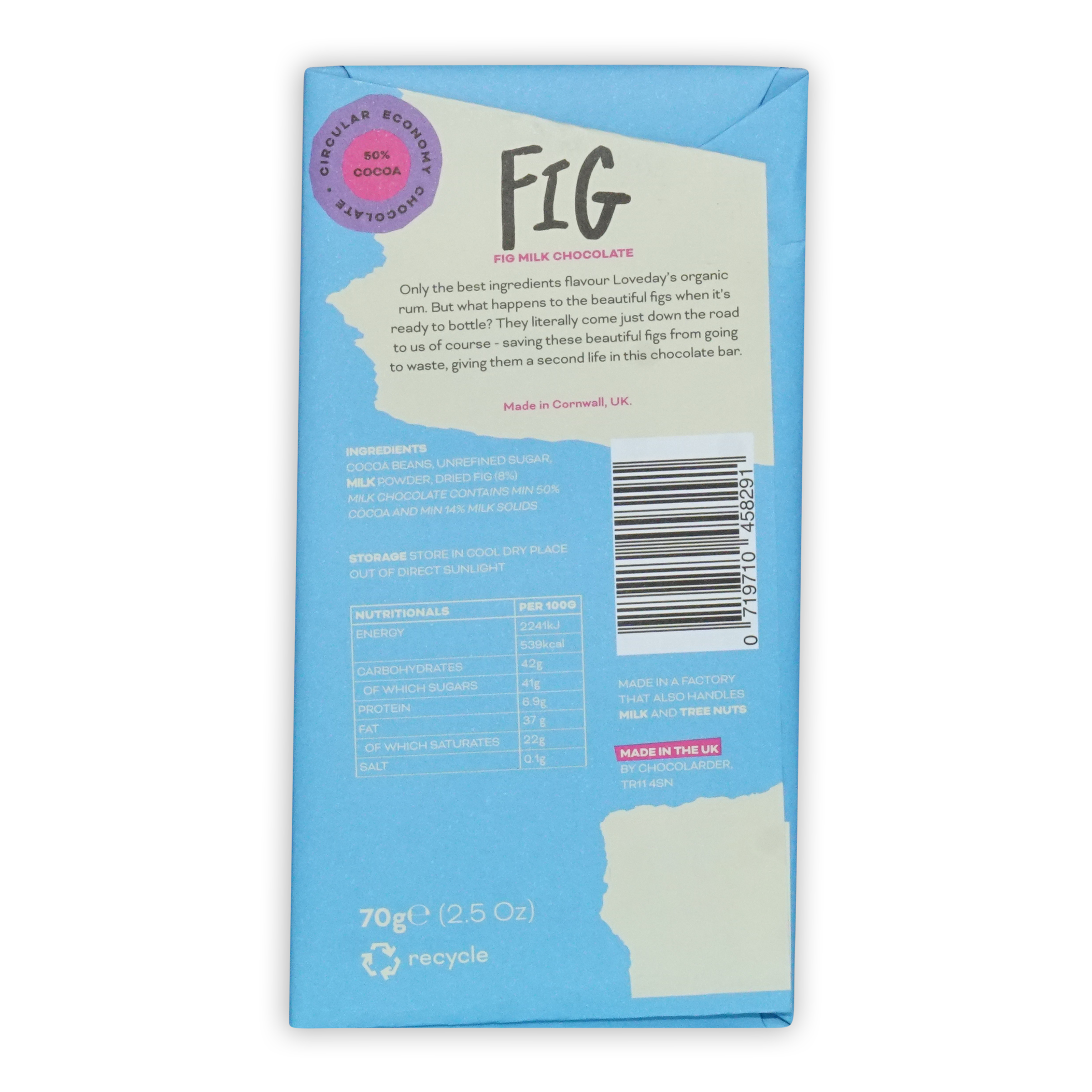 Chocolarder Fig Milk Chocolate 50% light blue torn paper wrapper