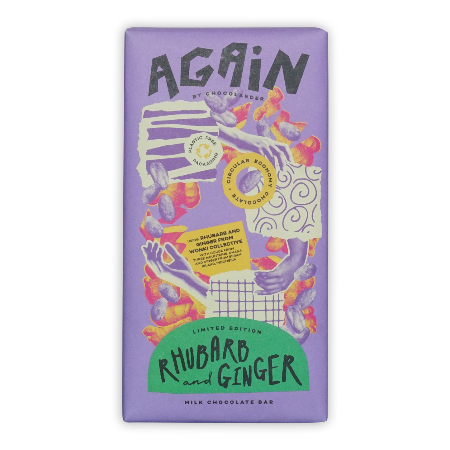 Chocolarder Rhubarb & Ginger Milk Chocolate 50% purple wrapper