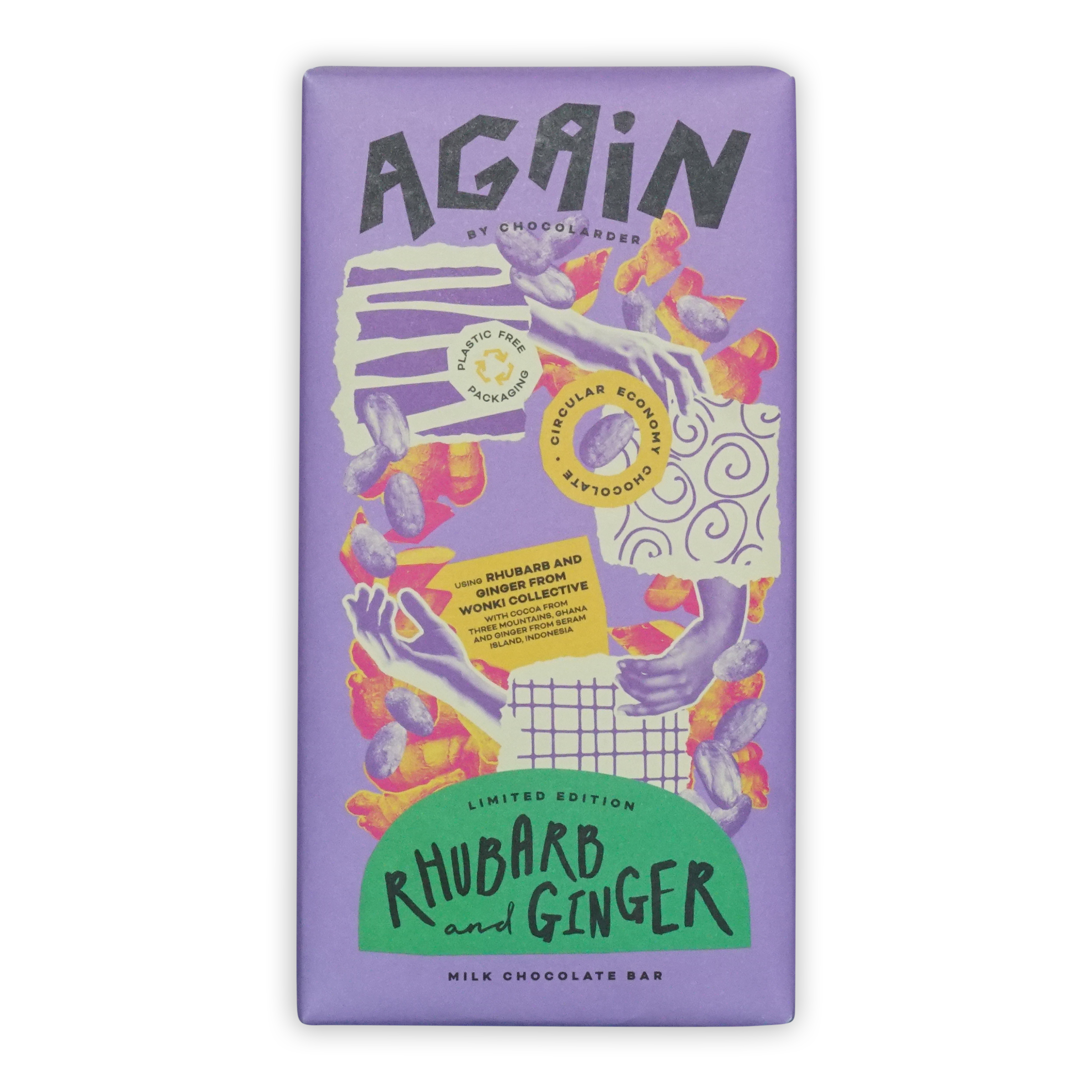 Chocolarder Rhubarb & Ginger Milk Chocolate 50% purple wrapper
