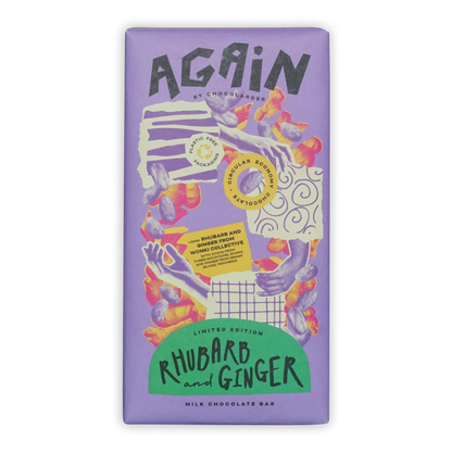 Chocolarder Rhubarb & Ginger Milk Chocolate 50% purple wrapper