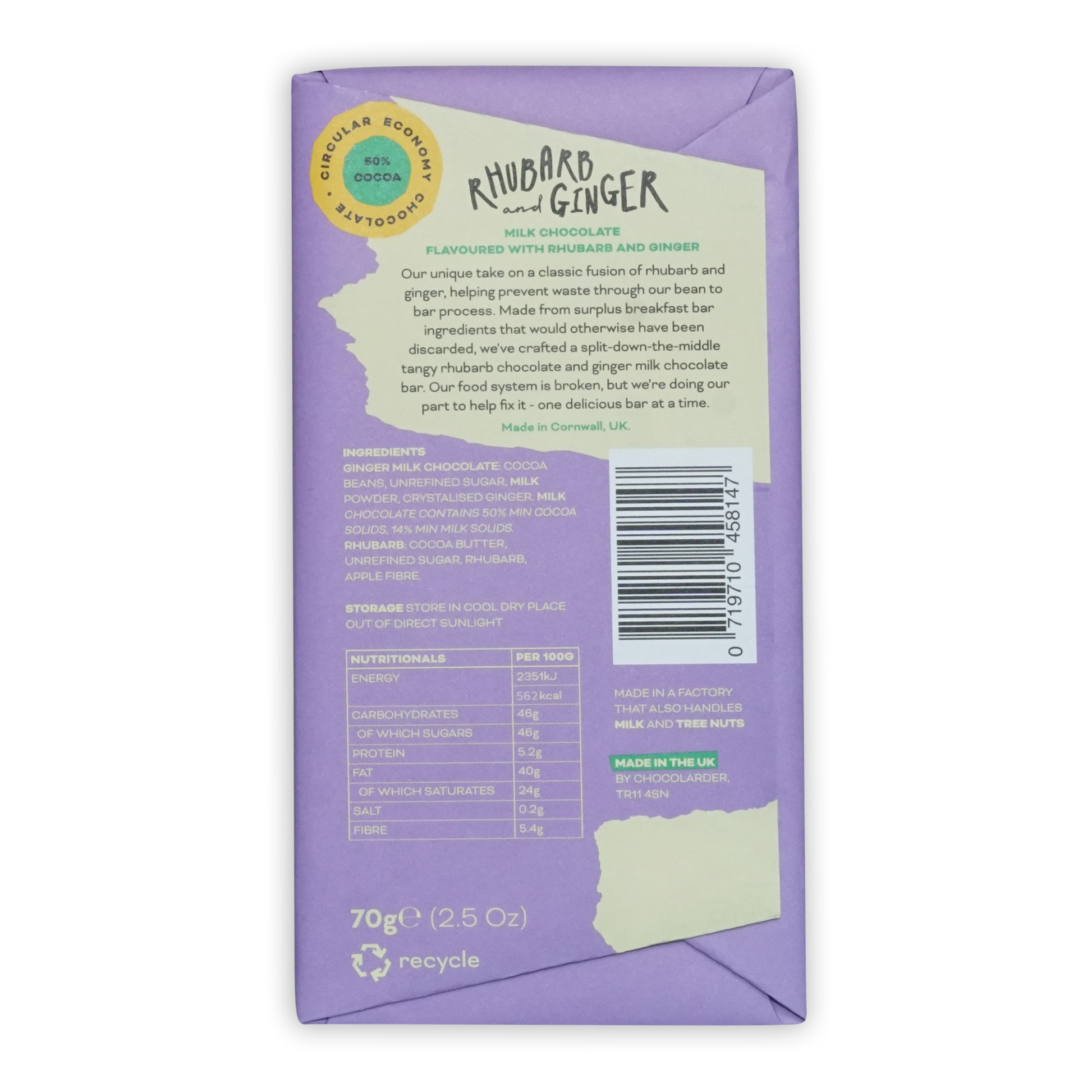 Chocolarder Rhubarb & Ginger Milk Chocolate 50% purple torn wrapper