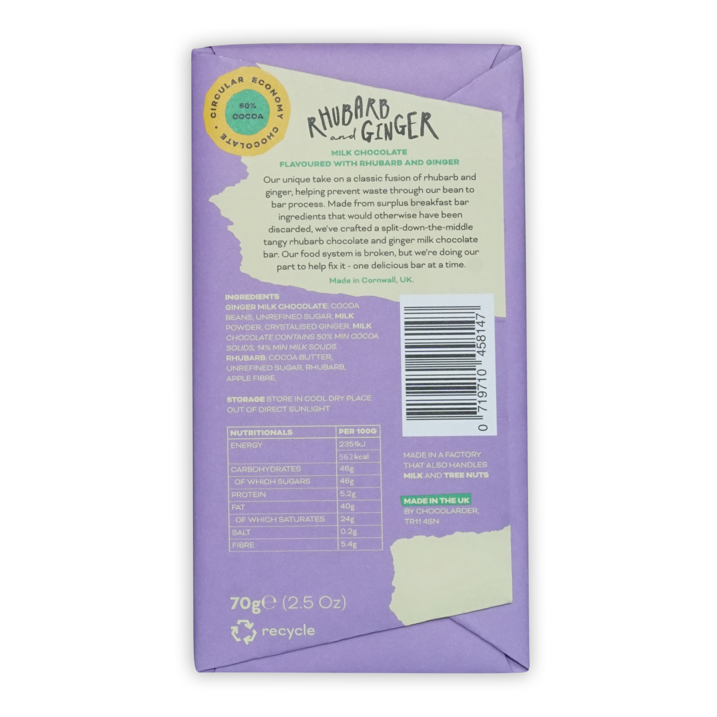 Chocolarder Rhubarb & Ginger Milk Chocolate 50% purple torn wrapper