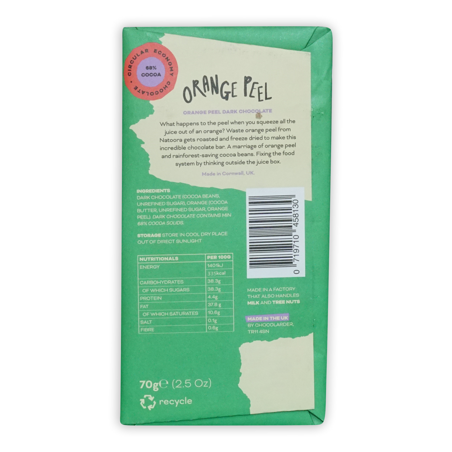 Chocolarder Orange Peel Dark Chocolate 68% bar with green-wrapped orange peel