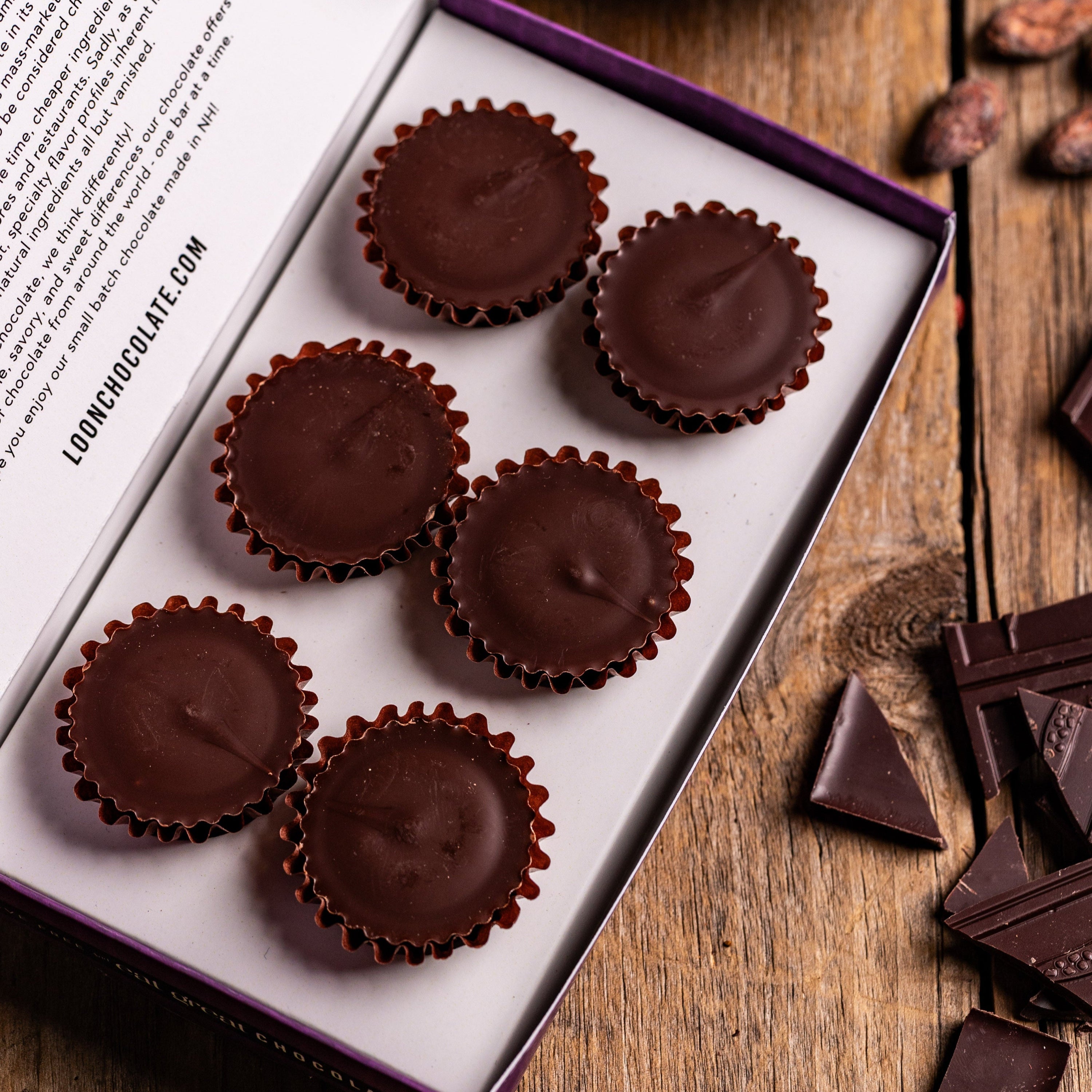 Loon Chocolate Dark Peanut Butter Cups 70% in white purple box