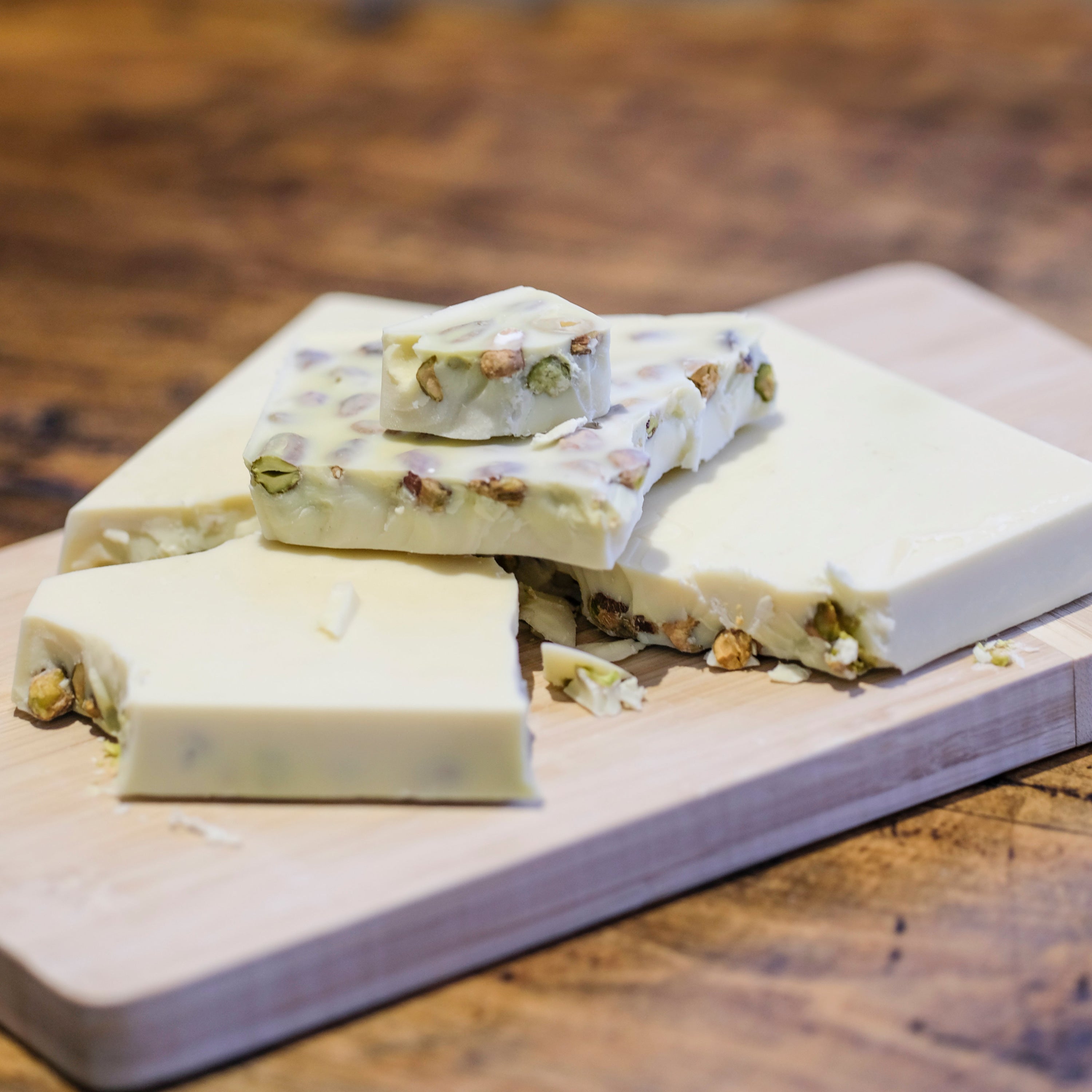 Domori Quantum white chocolate slab with pistachios and coconut