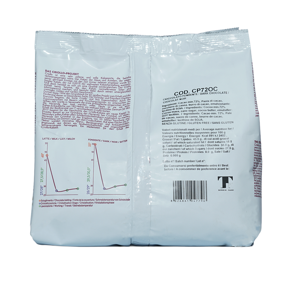 Domori Bulk Dark Ocumare 72% chocolate drops 1kg package back with multilingual labels