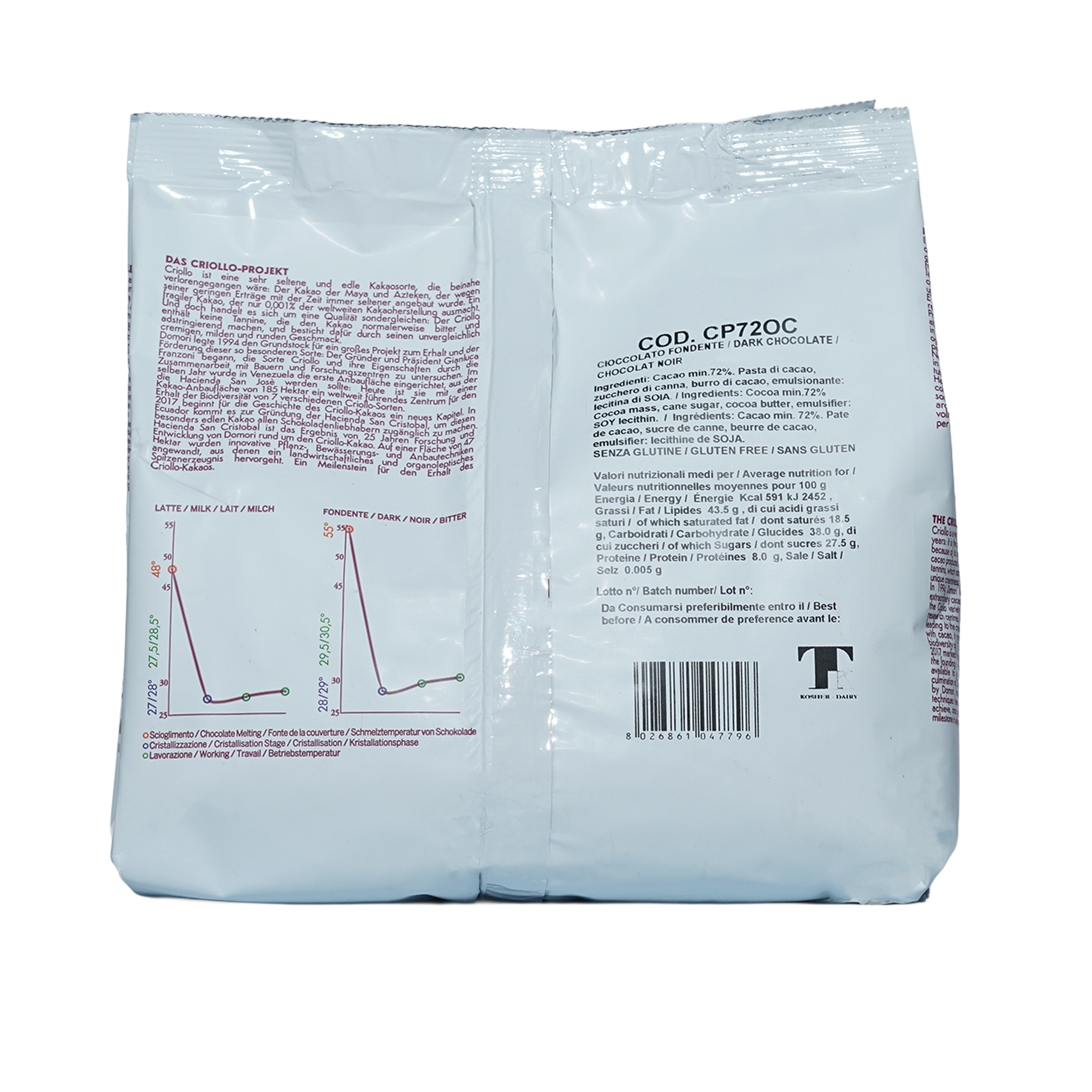 Domori Bulk Dark Ocumare 72% chocolate drops 1kg package back with multilingual labels