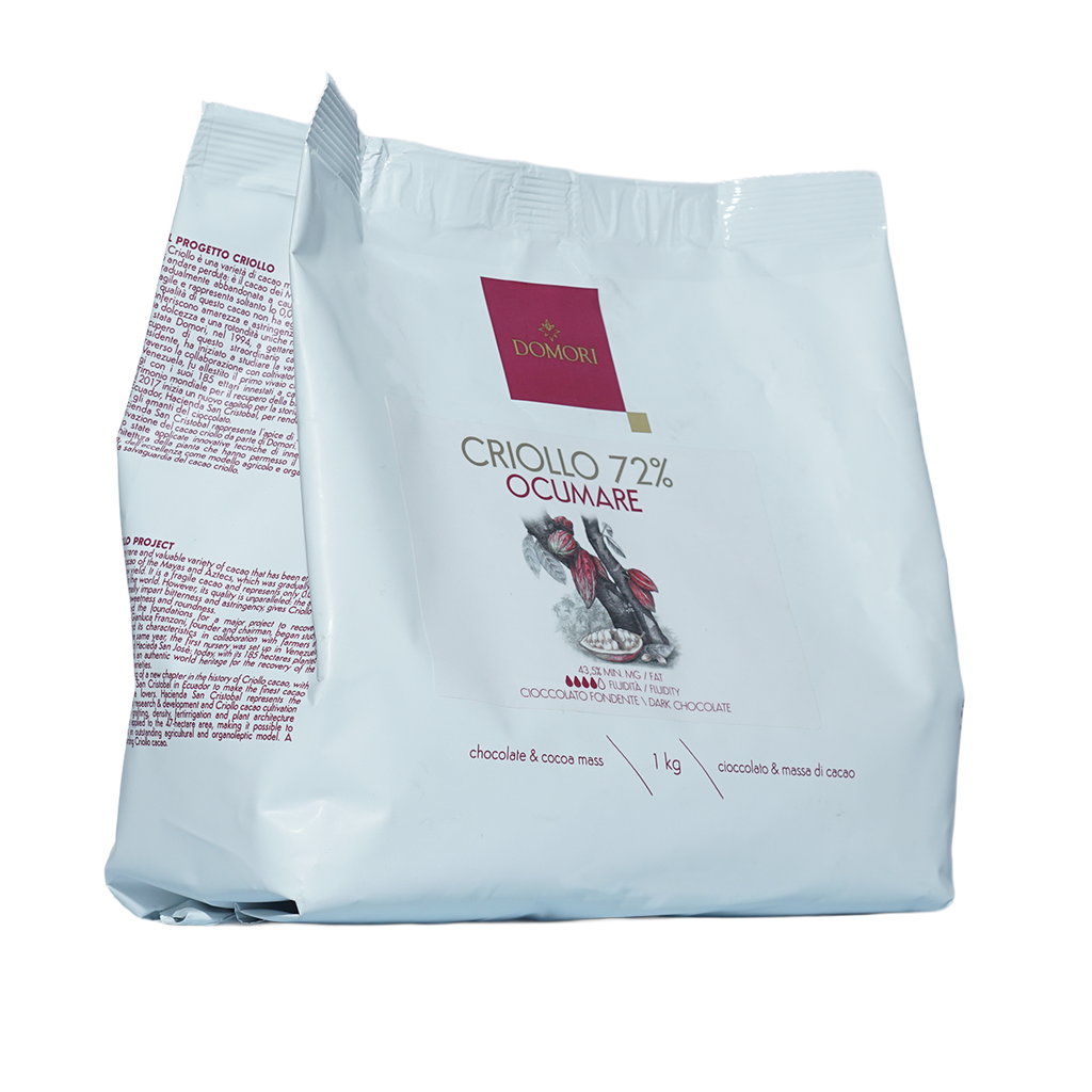 Domori Criollo 72% cocoa chocolate mass bag with maroon logo and red bird, 1kg bulk drops