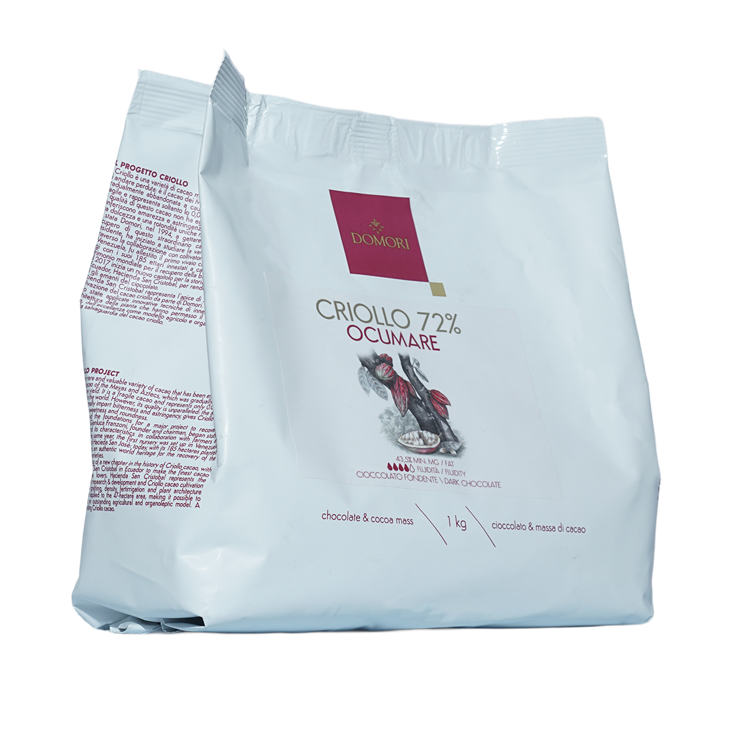 Domori Criollo 72% cocoa chocolate mass bag with maroon logo and red bird, 1kg bulk drops