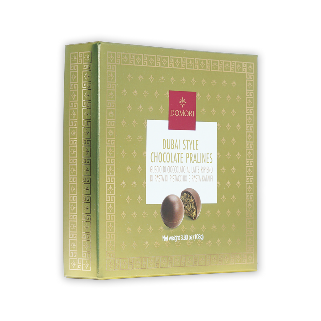 Domori Dubai chocolate pralines gift box, 9 pcs, olive-green with gold patterns
