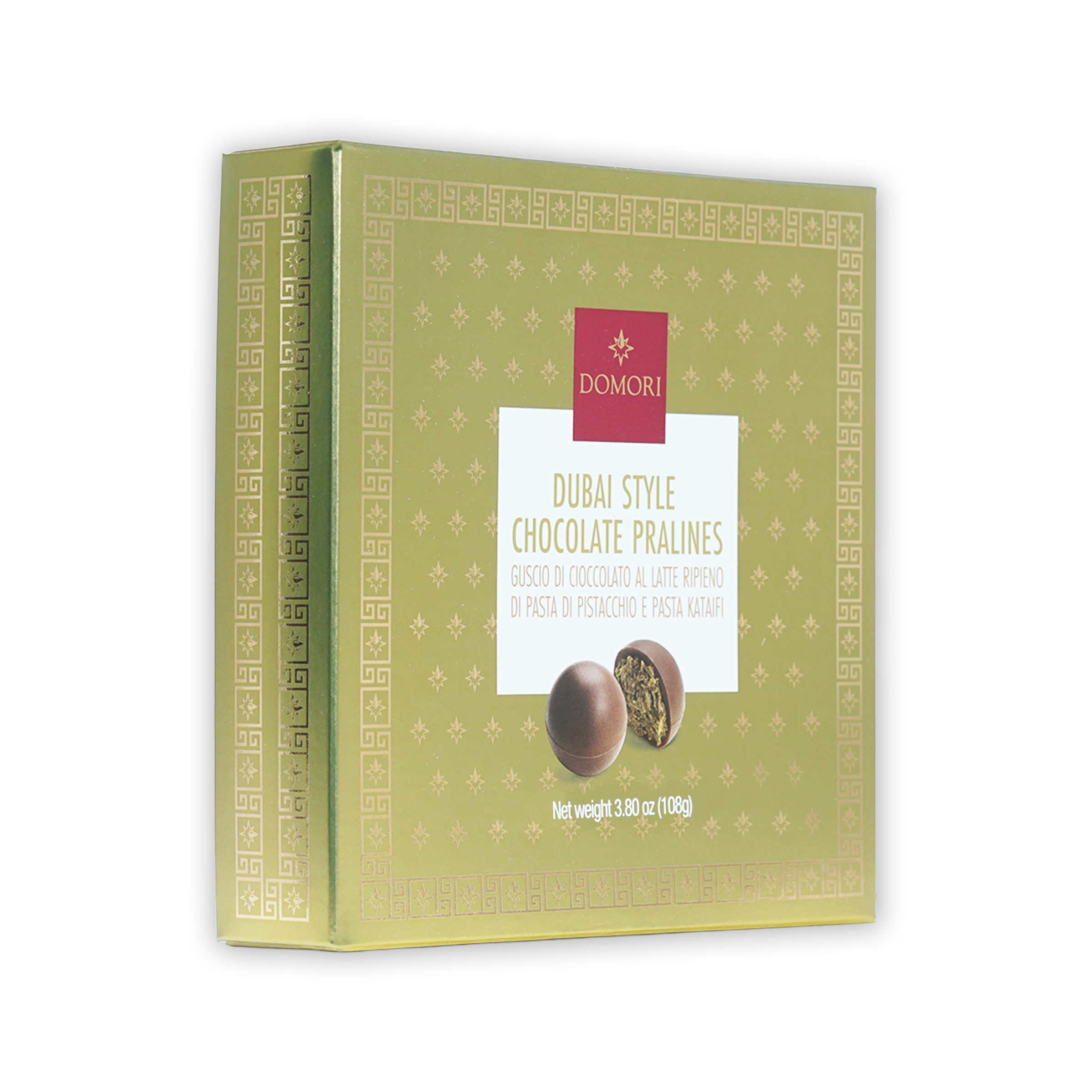 Domori Dubai chocolate pralines gift box, 9 pcs, olive-green with gold patterns