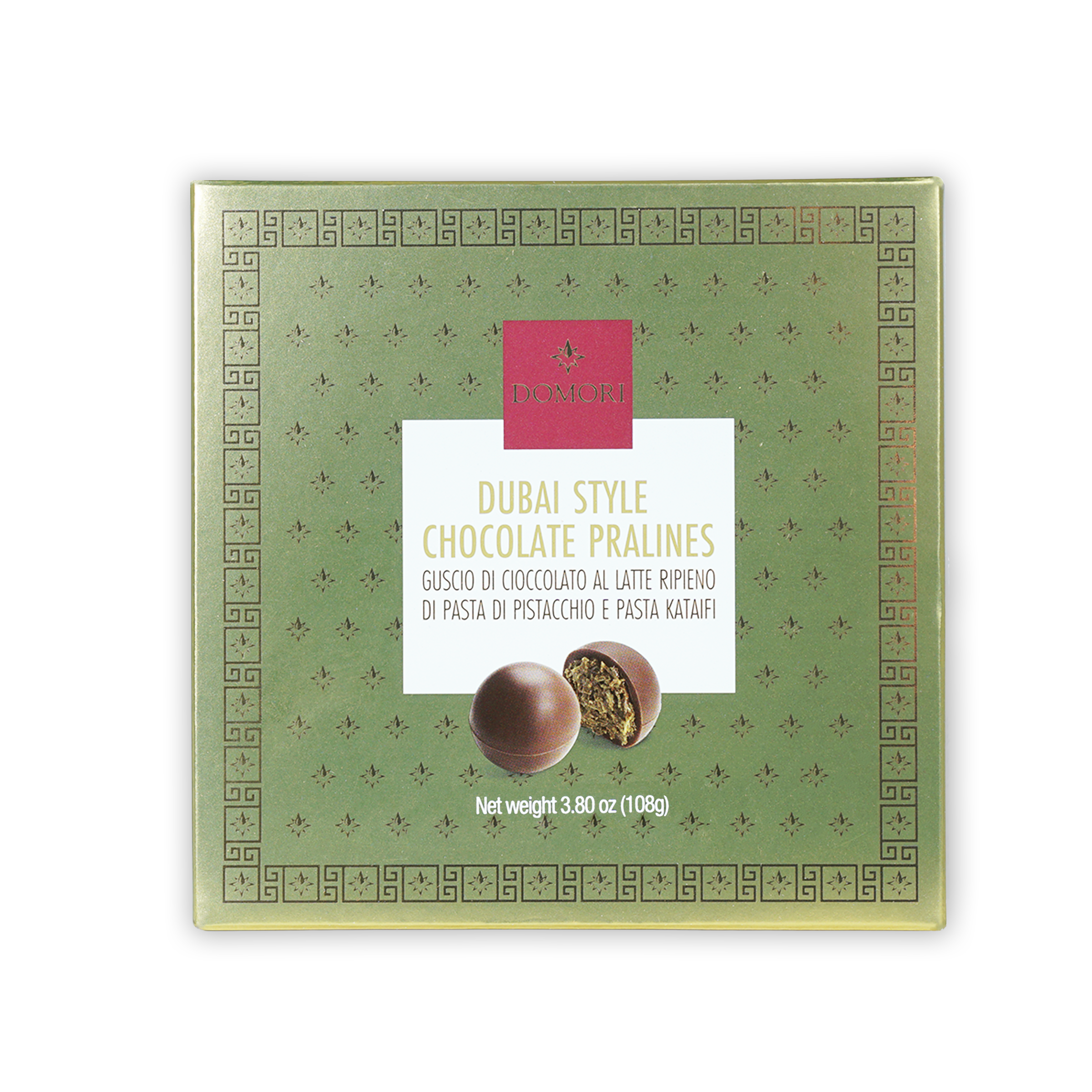 Domori Dubai Chocolate Pralines green gift box with pink label, 9 pcs