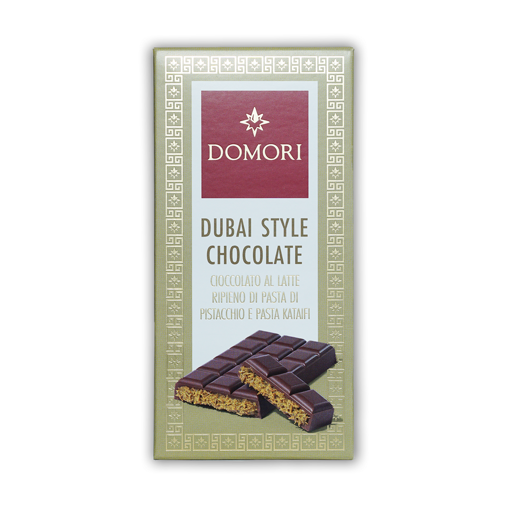 Domori Dubai Milk Chocolate Bar with pistachio kataifi filling