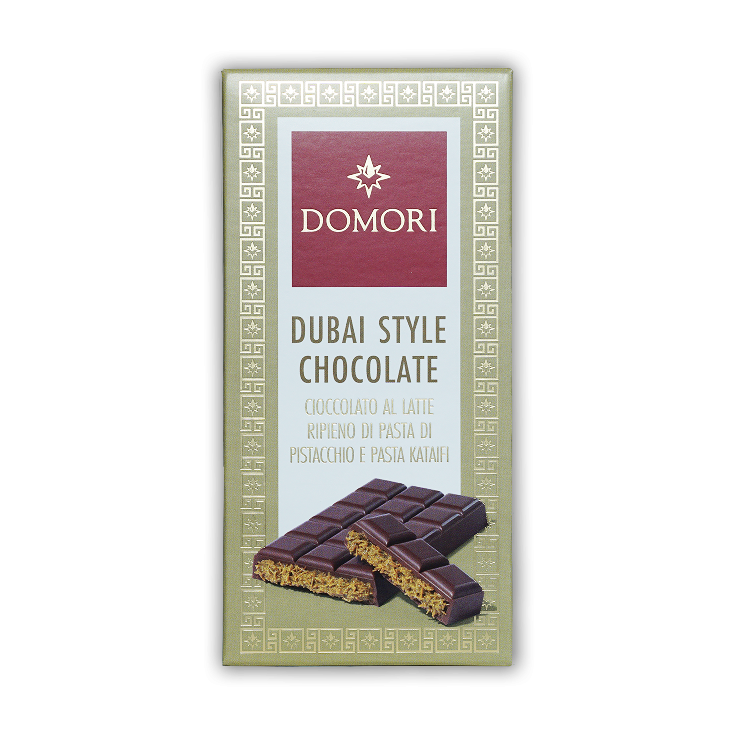 Domori Dubai Milk Chocolate Bar with pistachio kataifi filling