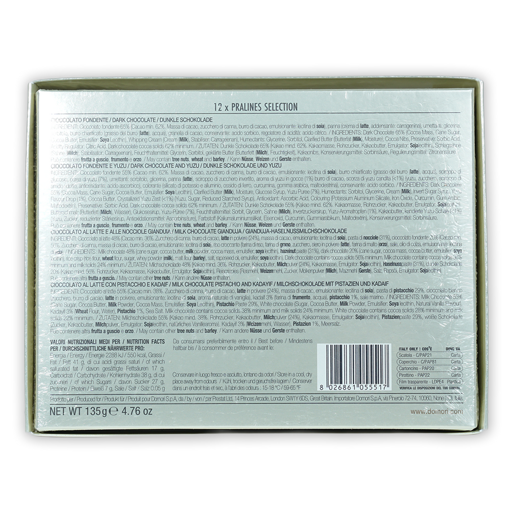 Back of Domori silver praline tin with 12 Dounou pralines