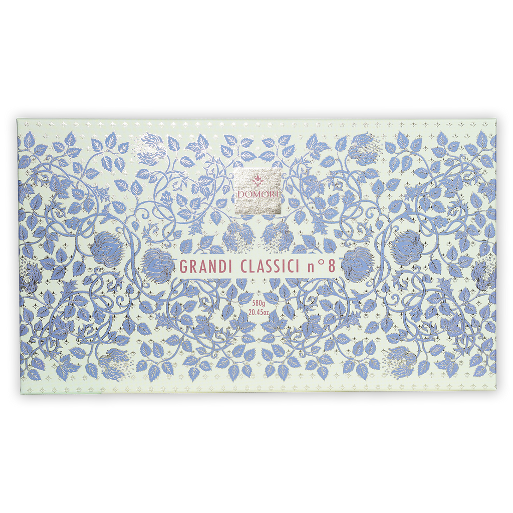 Domori Great Classics No 8 box with blue floral pattern and pink text
