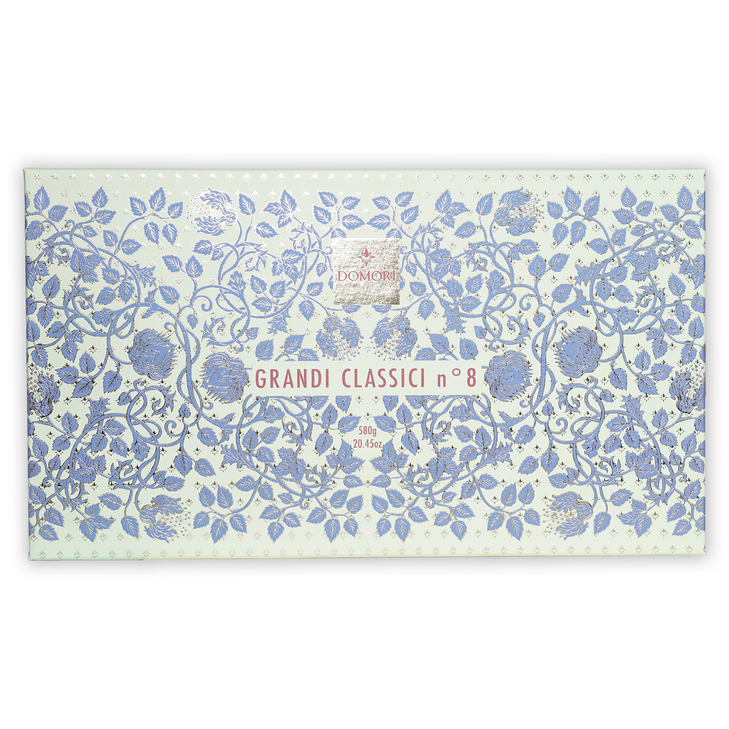 Domori Great Classics No 8 box with blue floral pattern and pink text