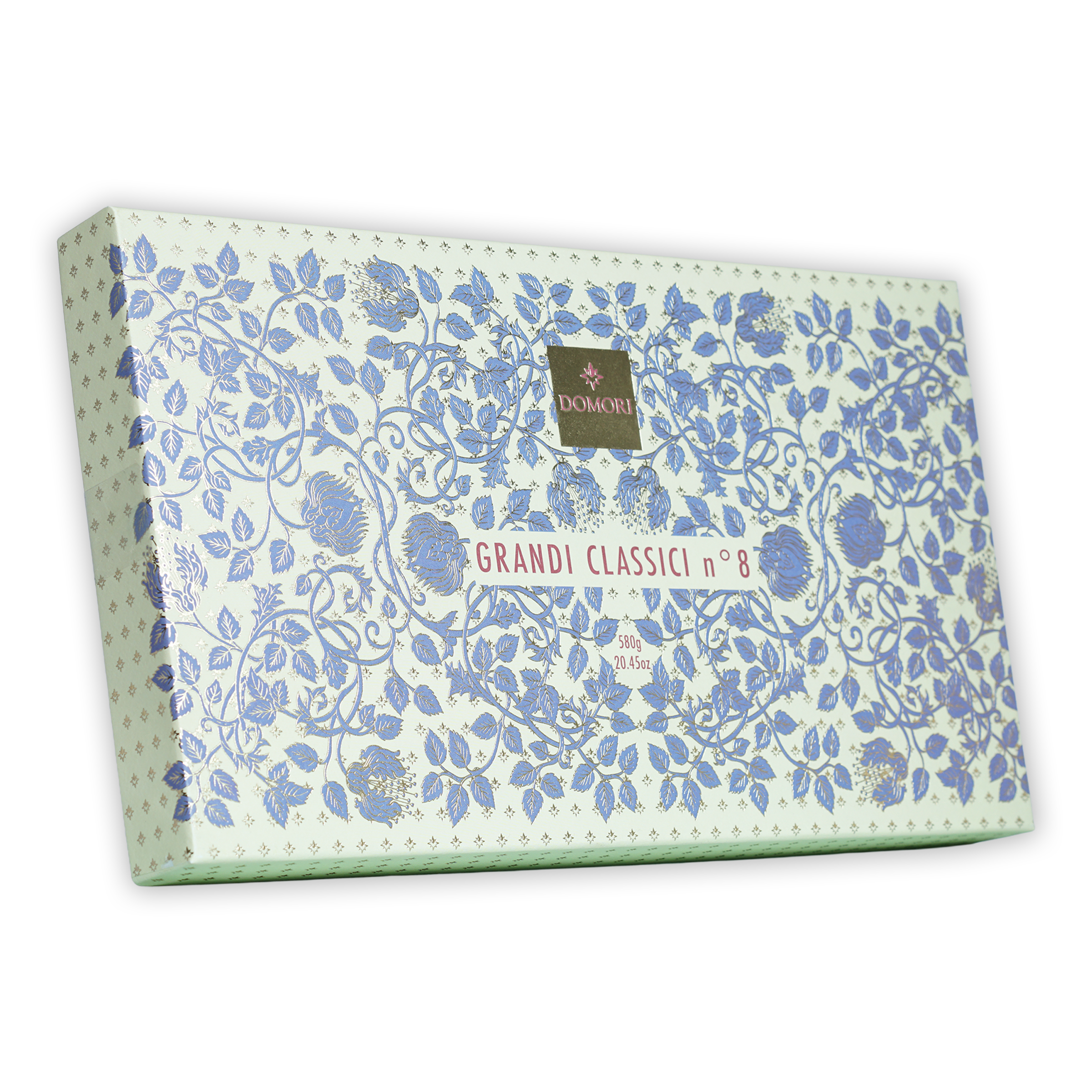 Domori Great Classics No 8 white gift box with blue floral pattern