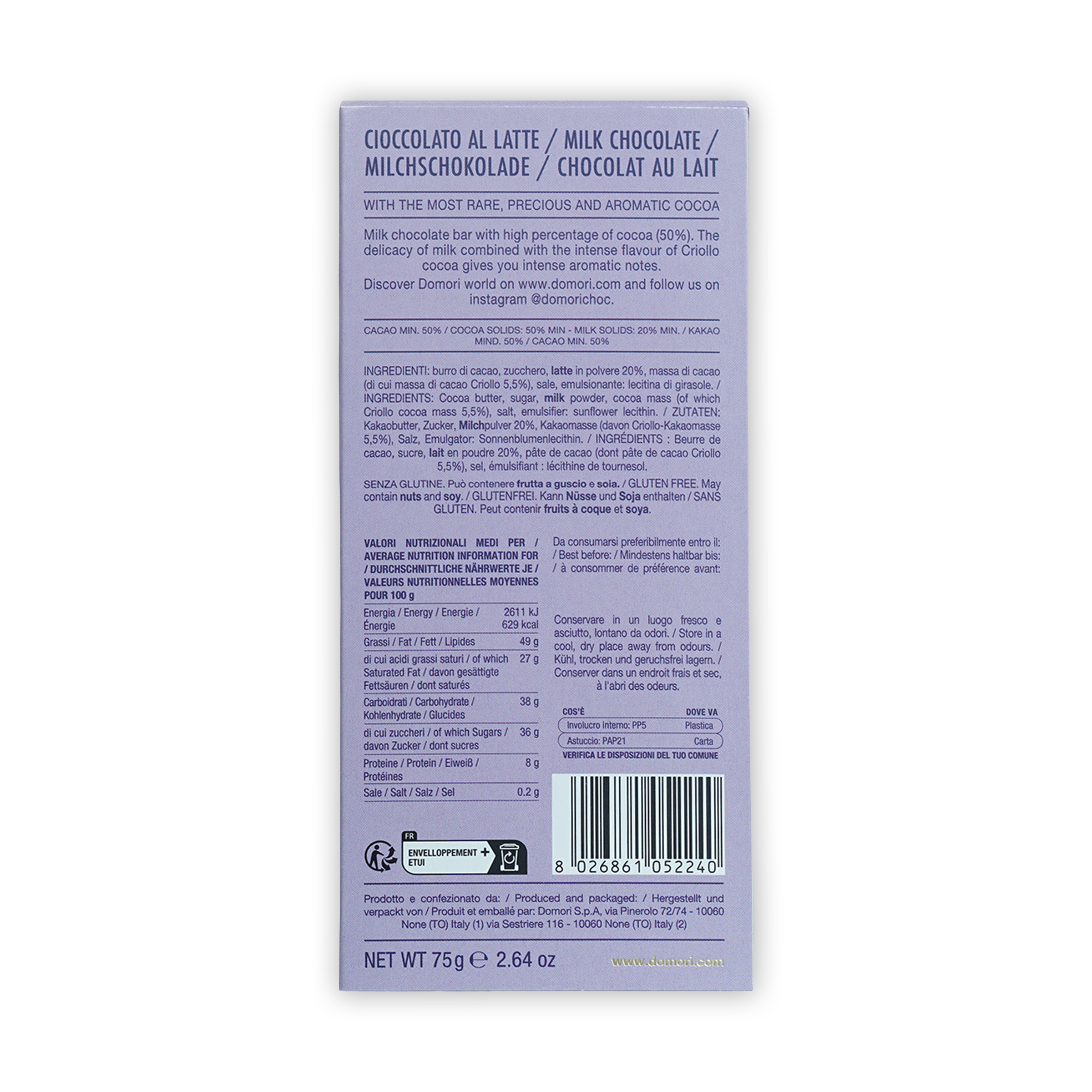 Domori Milk Chocolate 50% light gray wrapper back with multilingual text