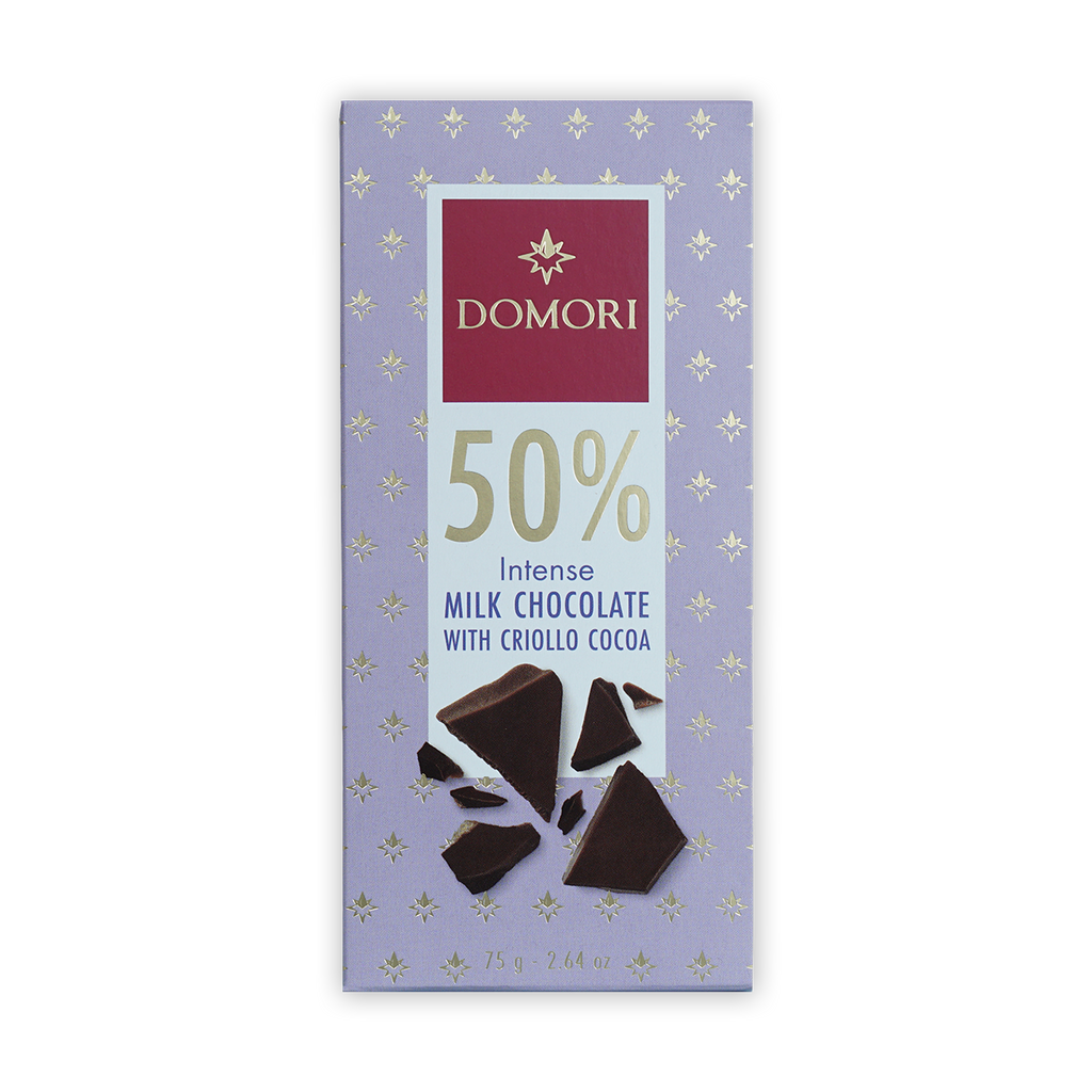 Domori Milk Chocolate 50% bar with criollo cocoa in lavender gold wrapper