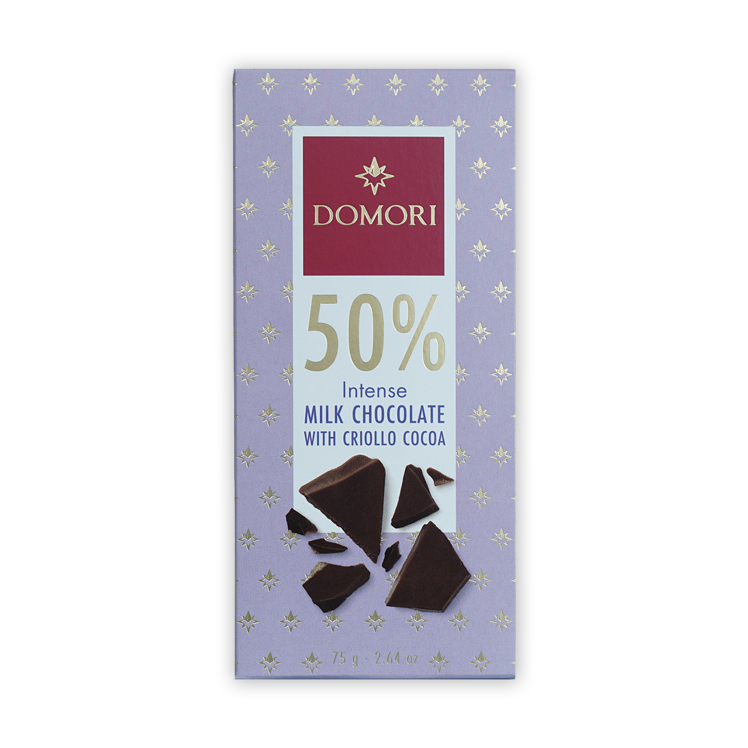Domori Milk Chocolate 50% bar with criollo cocoa in lavender gold wrapper