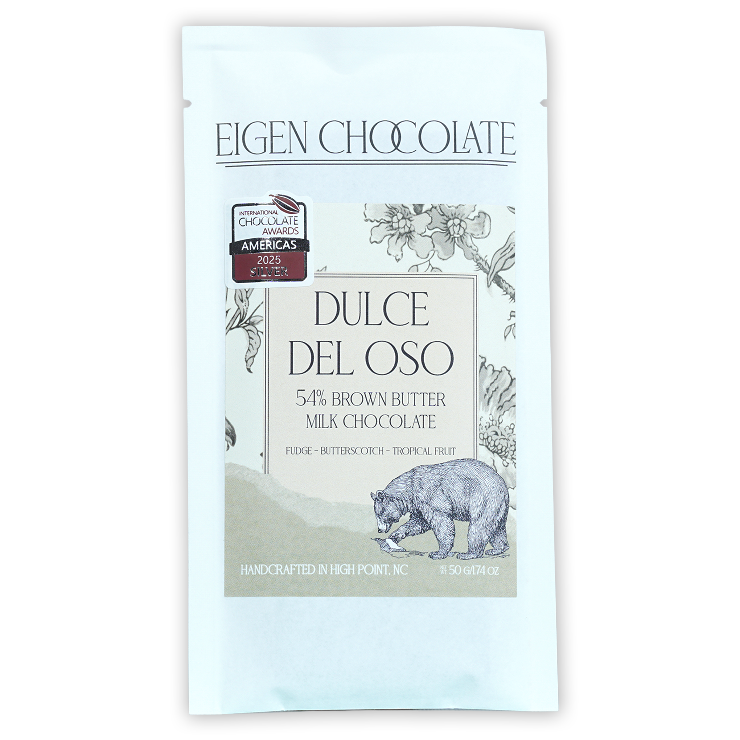 Eigen Brown Butter Milk Chocolate Dulce del Oso 54% bar in white pouch