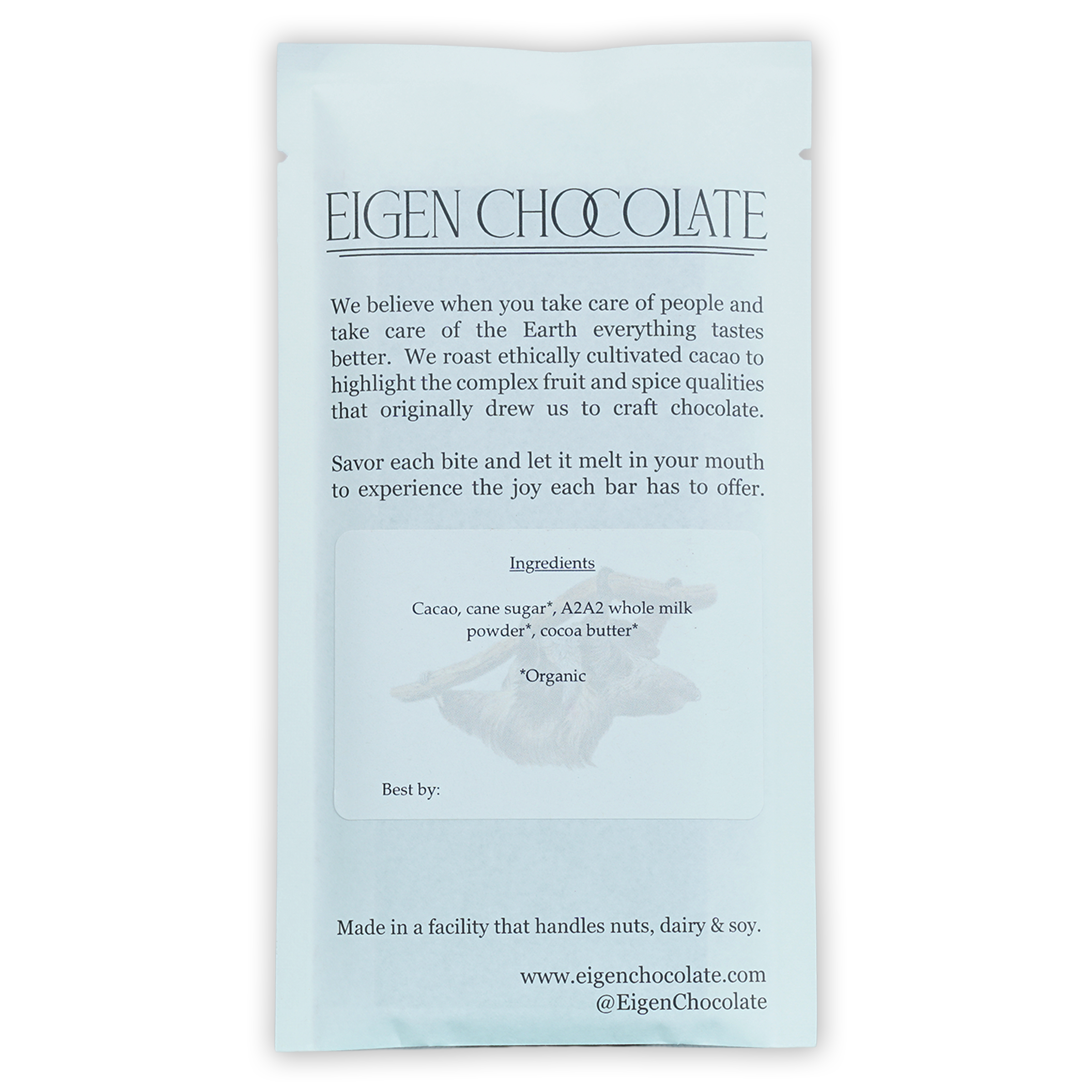 Eigen Brown Butter Milk Chocolate Dulce del Oso 54% bar in light blue matte pouch