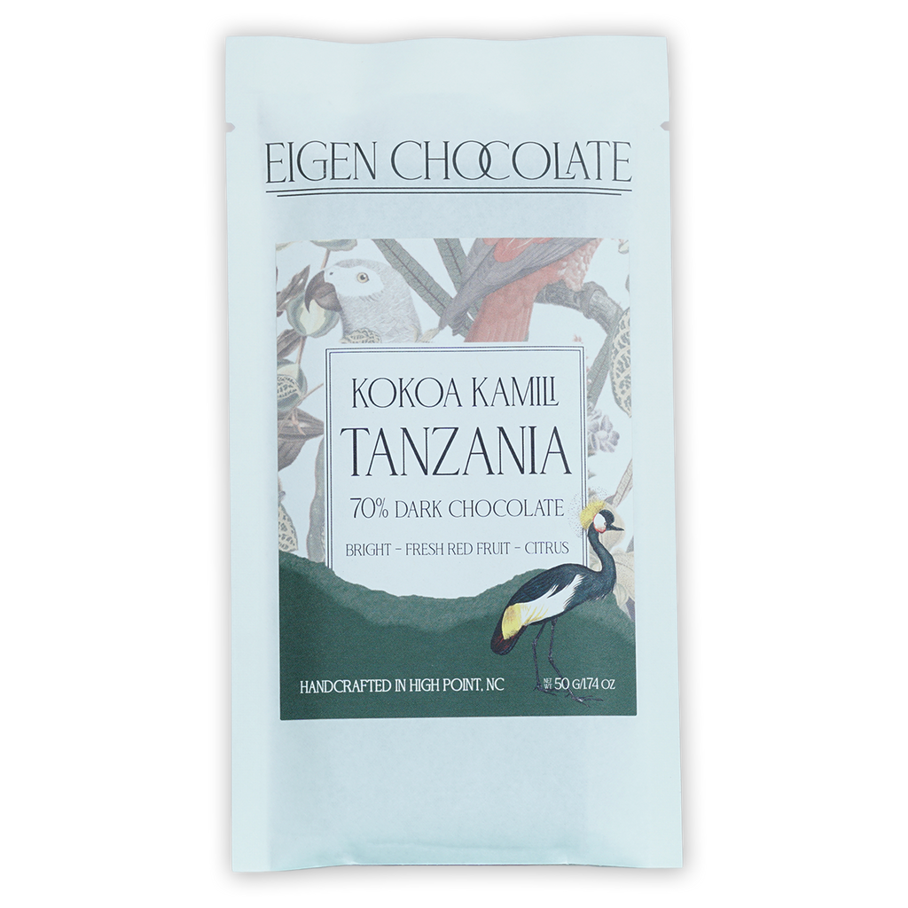 Eigen Dark Chocolate Tanzania 70% bar in light blue foil wrapper