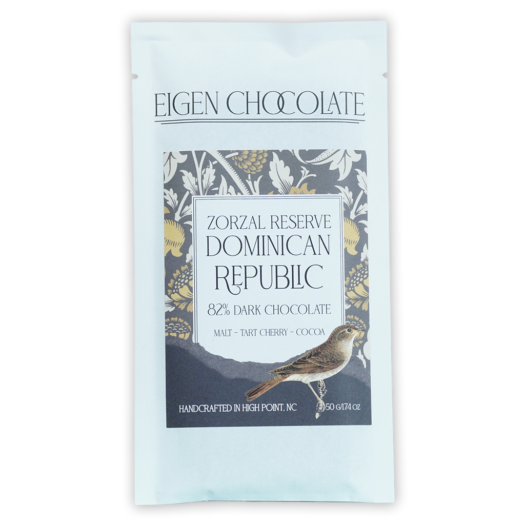 Eigen Dark Chocolate Dominican Republic 82% bar in white foil wrapper