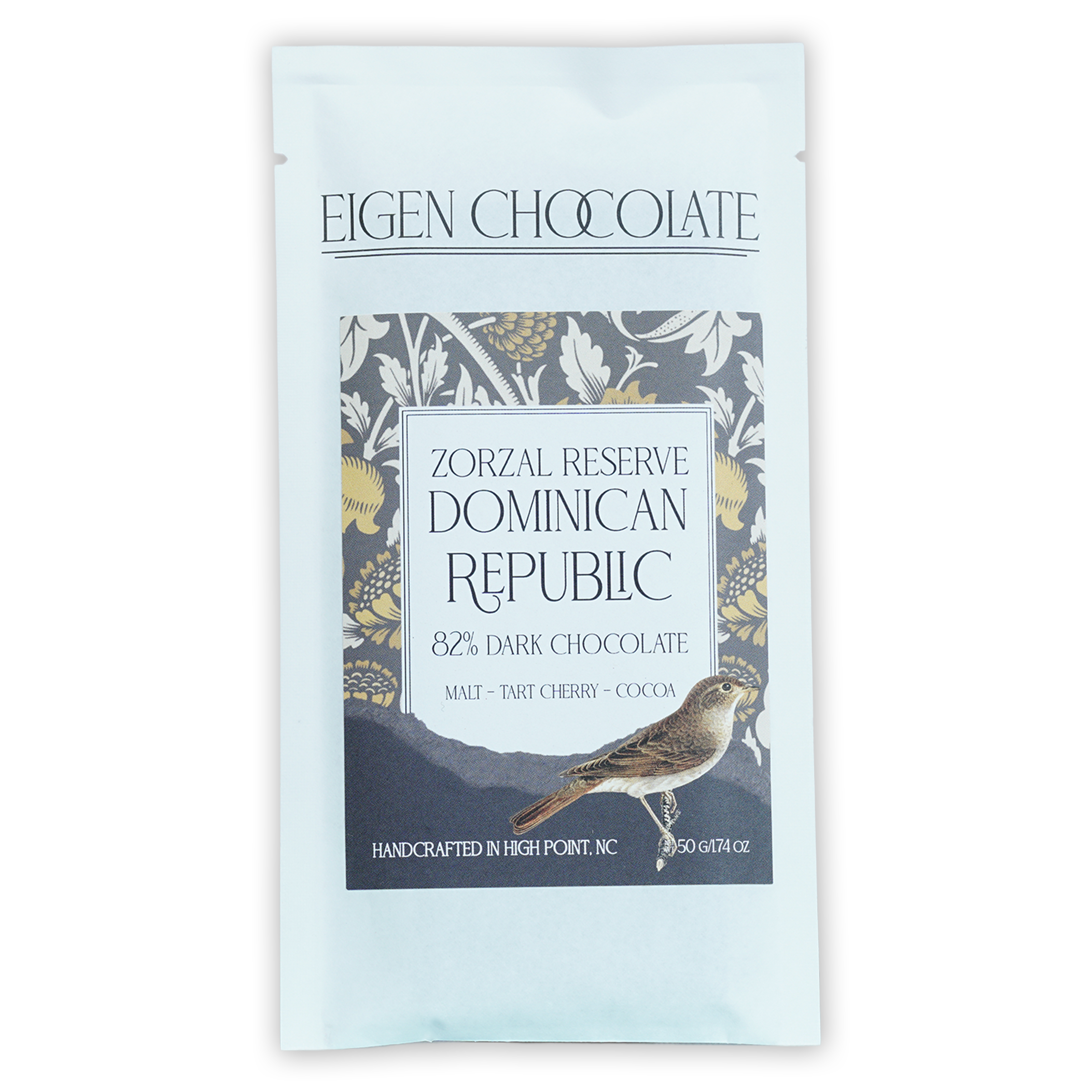 Eigen Dark Chocolate Dominican Republic 82% bar in white foil wrapper