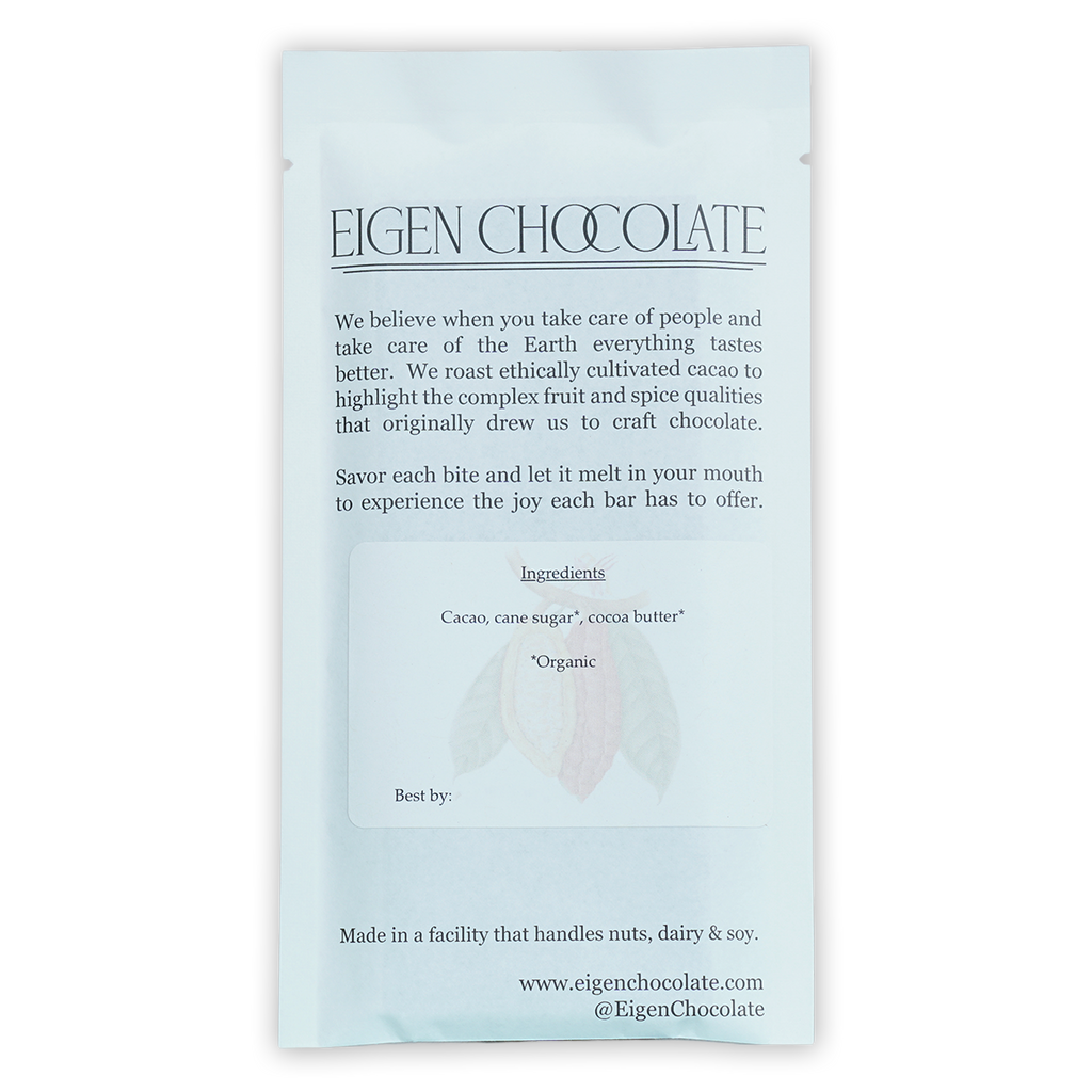 Eigen Dark Chocolate Tanzania 70% minimalist white foil bar with black typography