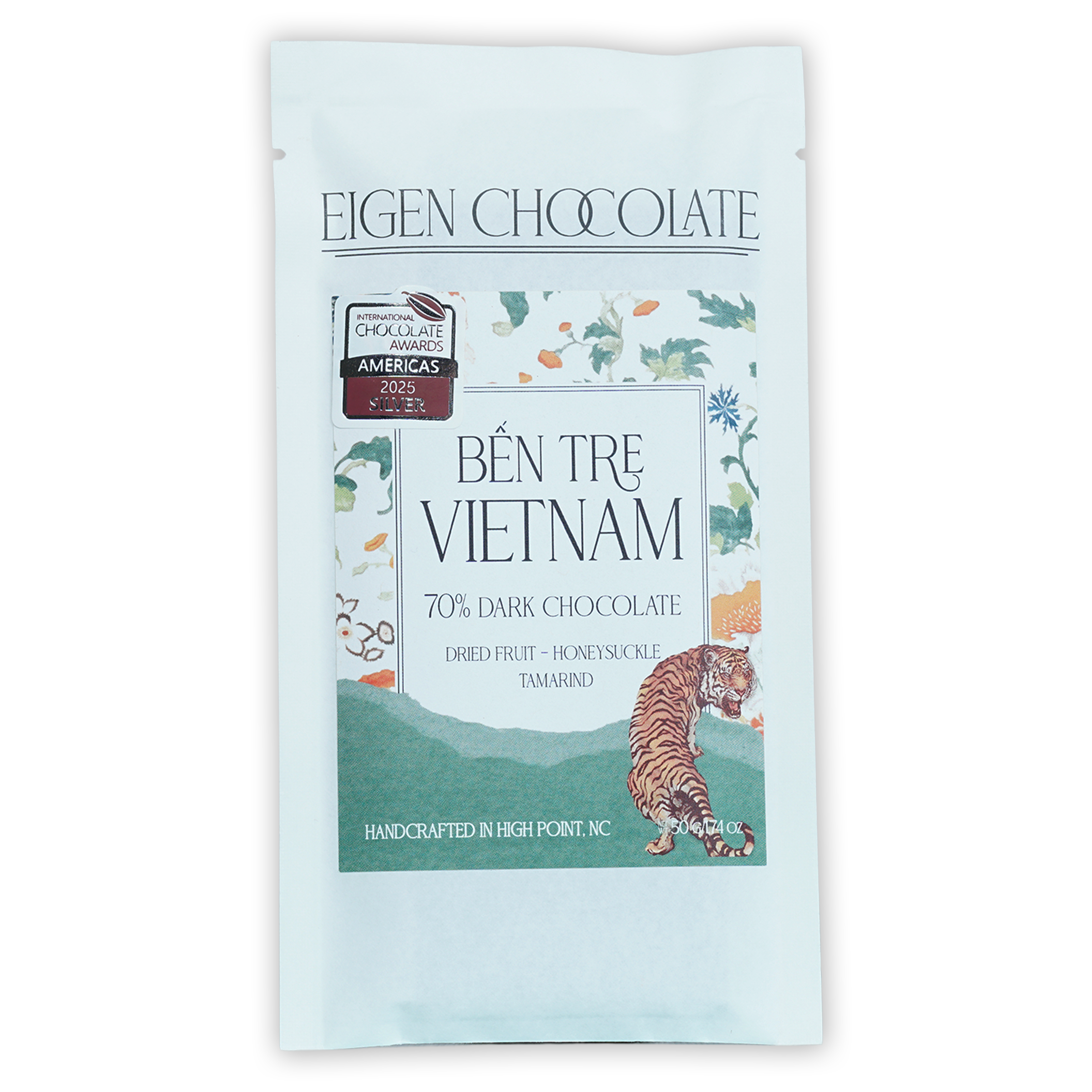 Eigen Dark Chocolate Vietnam Ben Tre 70% bar with tiger and floral design