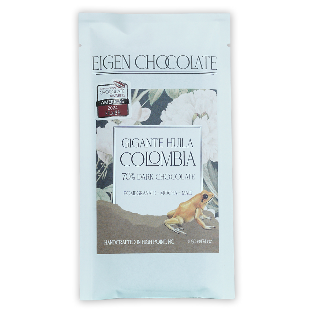 Eigen Dark Chocolate Colombia 70% Gigante Huila bar with foil wrapper