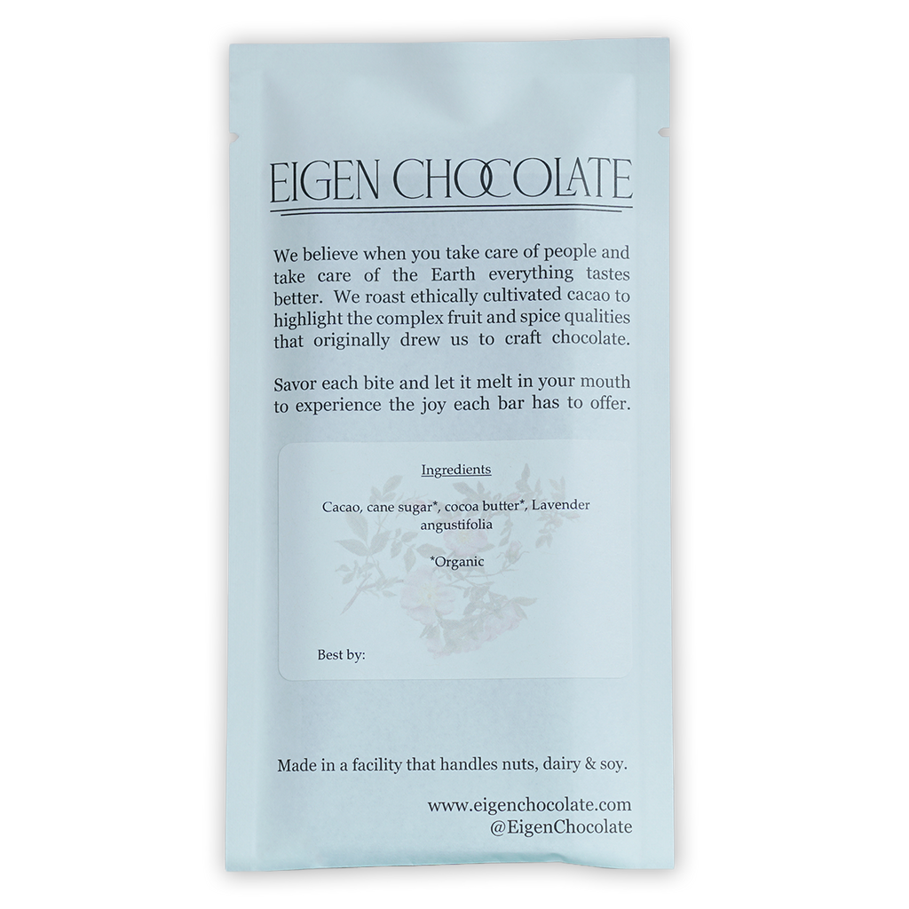 Eigen Dark Chocolate w/ Lavender 62% in sleek white foil wrapper