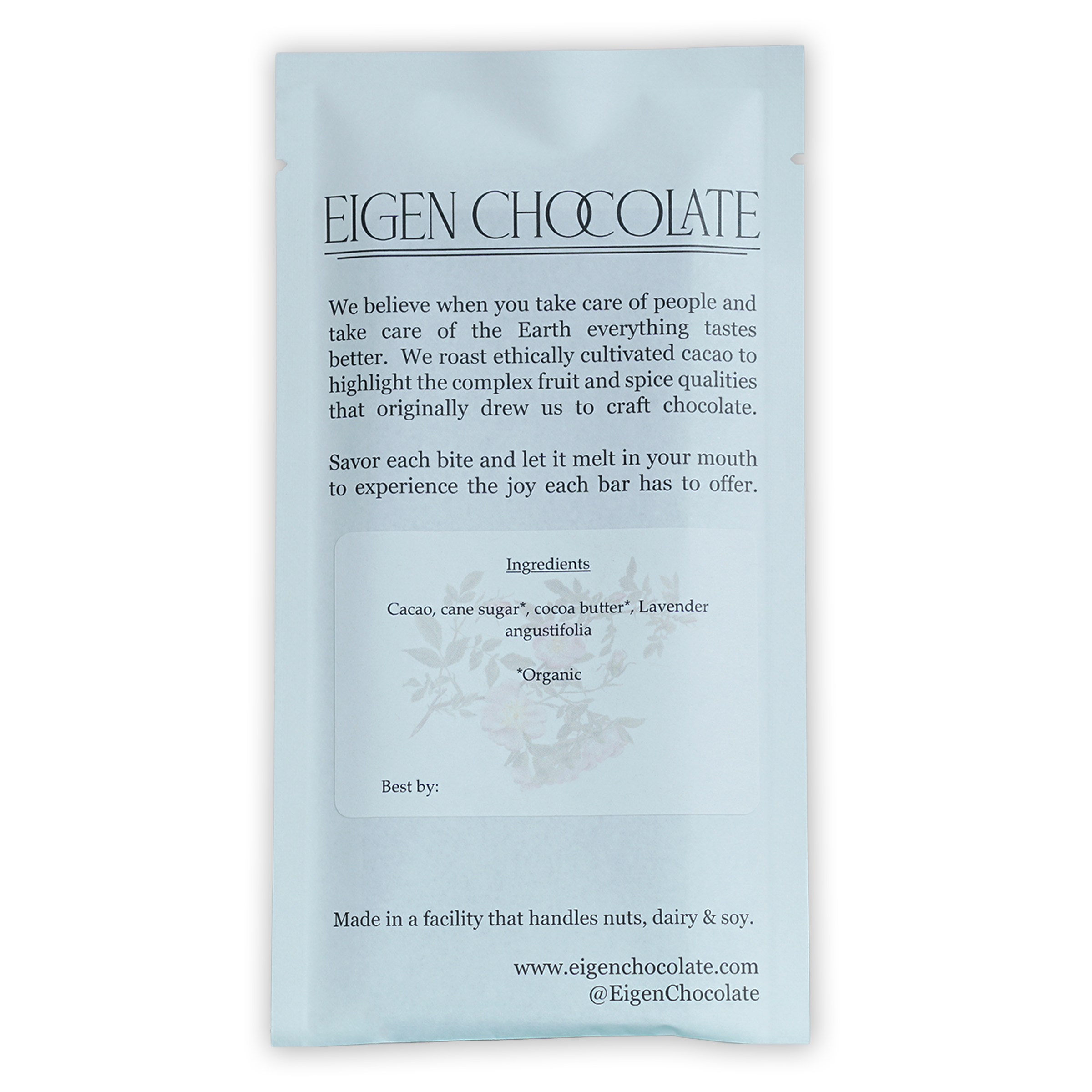Eigen Dark Chocolate w/ Lavender 62% in sleek white foil wrapper