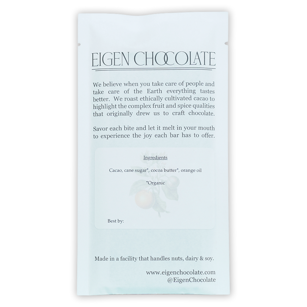 Eigen Dark Chocolate with Orange 70% minimalist white packaging