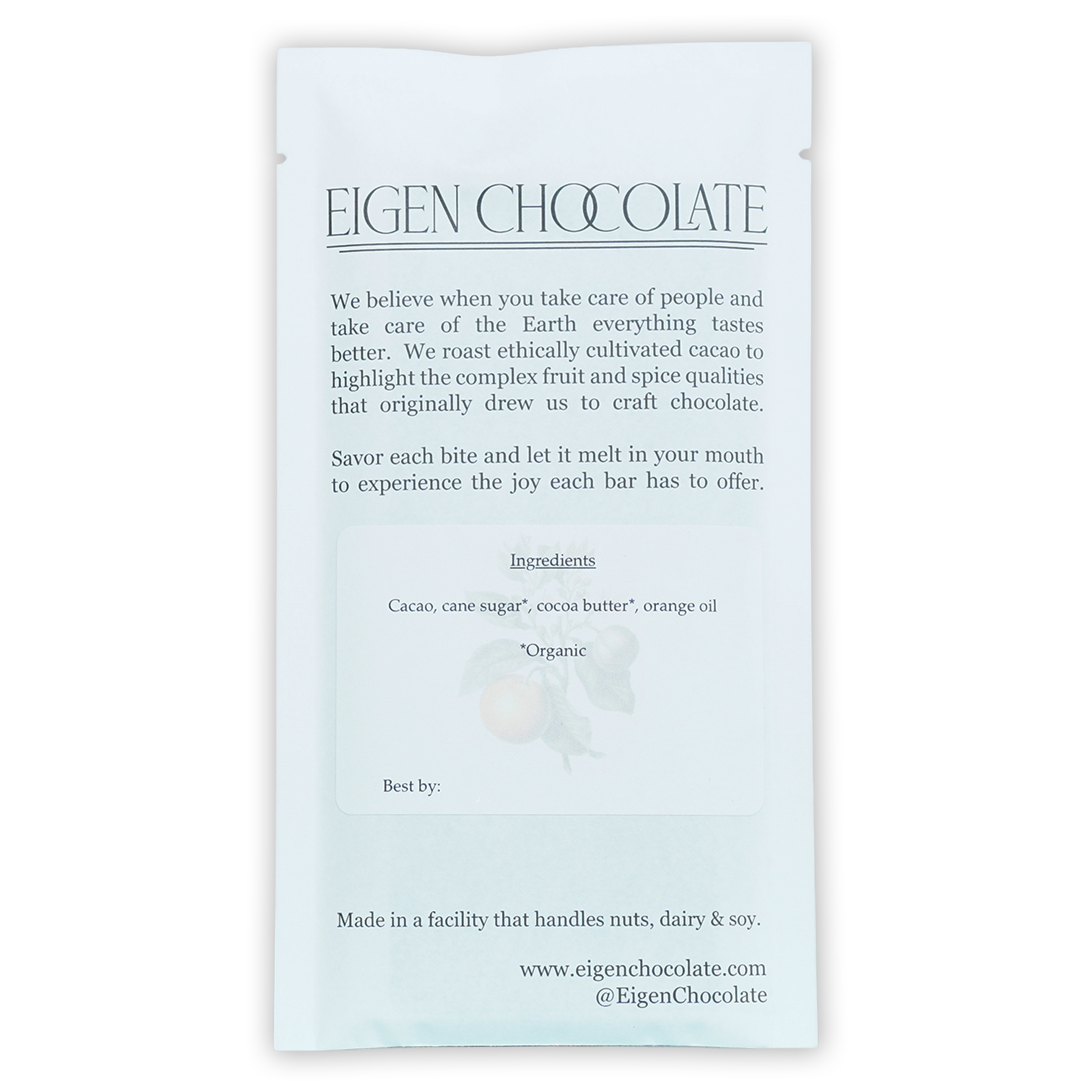 Eigen Dark Chocolate with Orange 70% minimalist white packaging