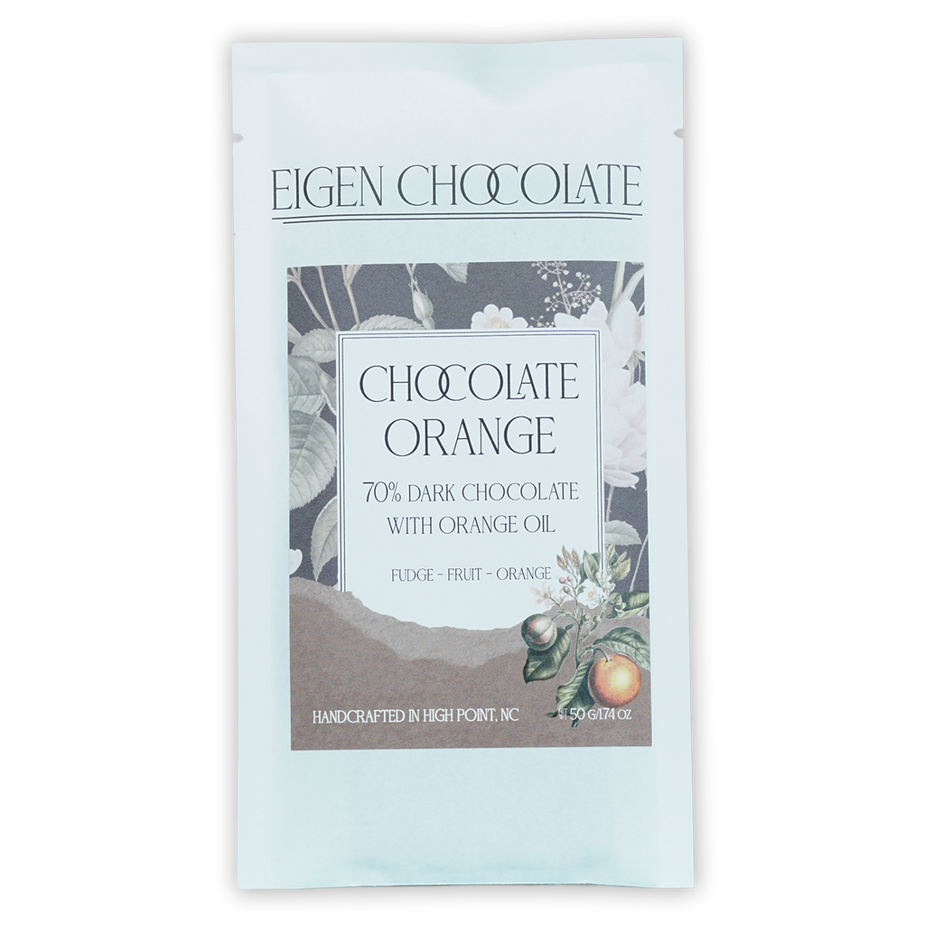 Eigen 70% dark chocolate bar with orange oil in light blue foil