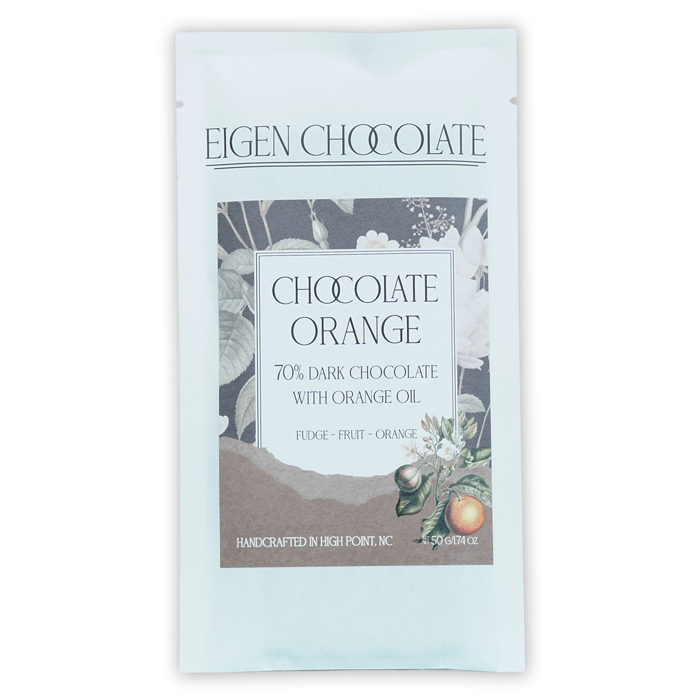 Eigen 70% dark chocolate bar with orange oil in light blue foil