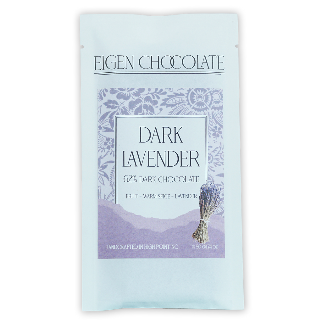 Eigen Dark Chocolate w/ Lavender 62% light blue resealable pouch