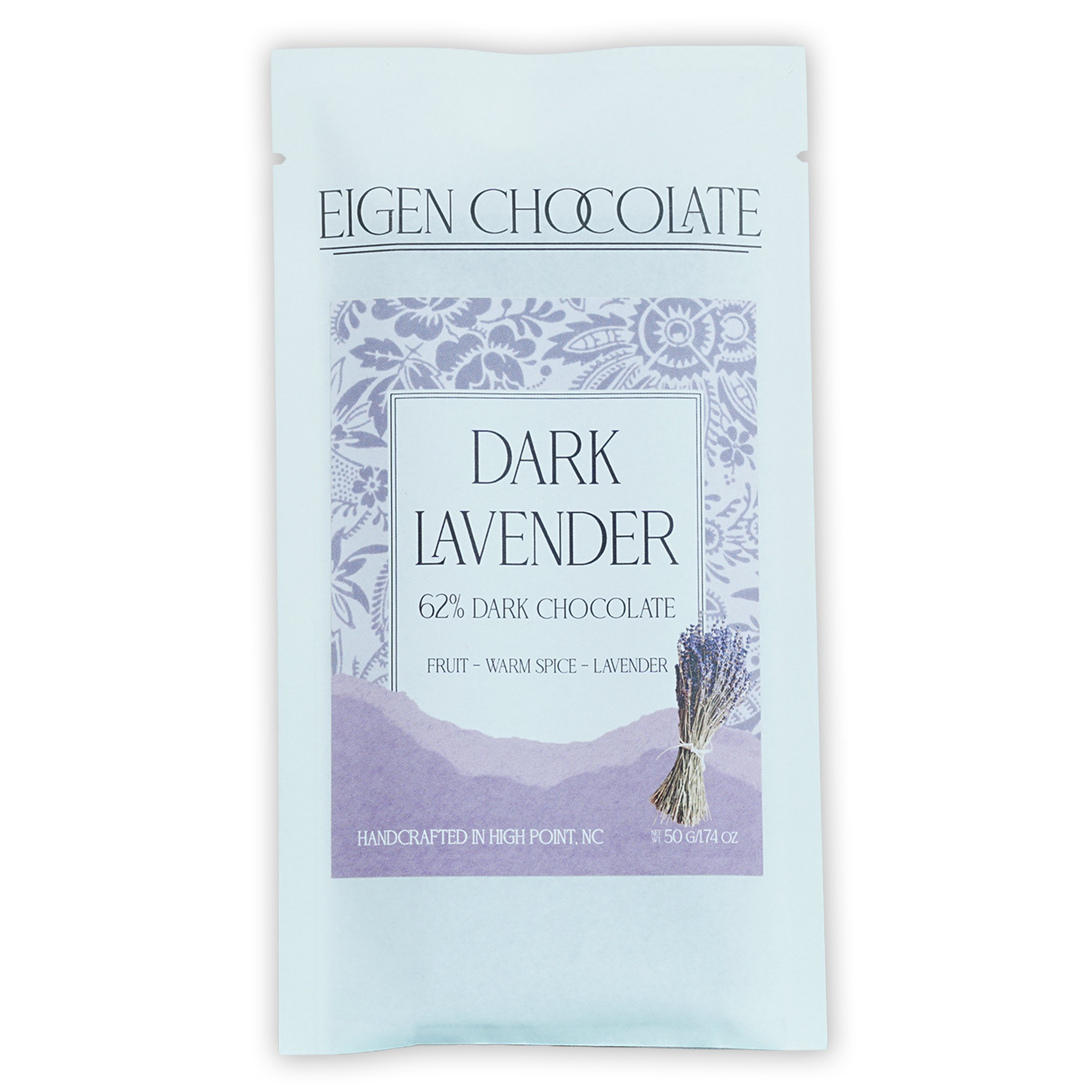 Eigen Dark Chocolate w/ Lavender 62% light blue resealable pouch