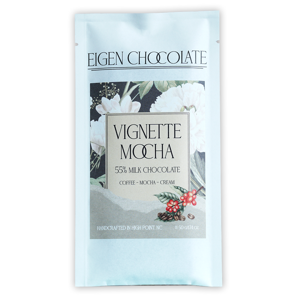Eigen Milk Chocolate Vignette Mocha 55% bar in white foil wrapper