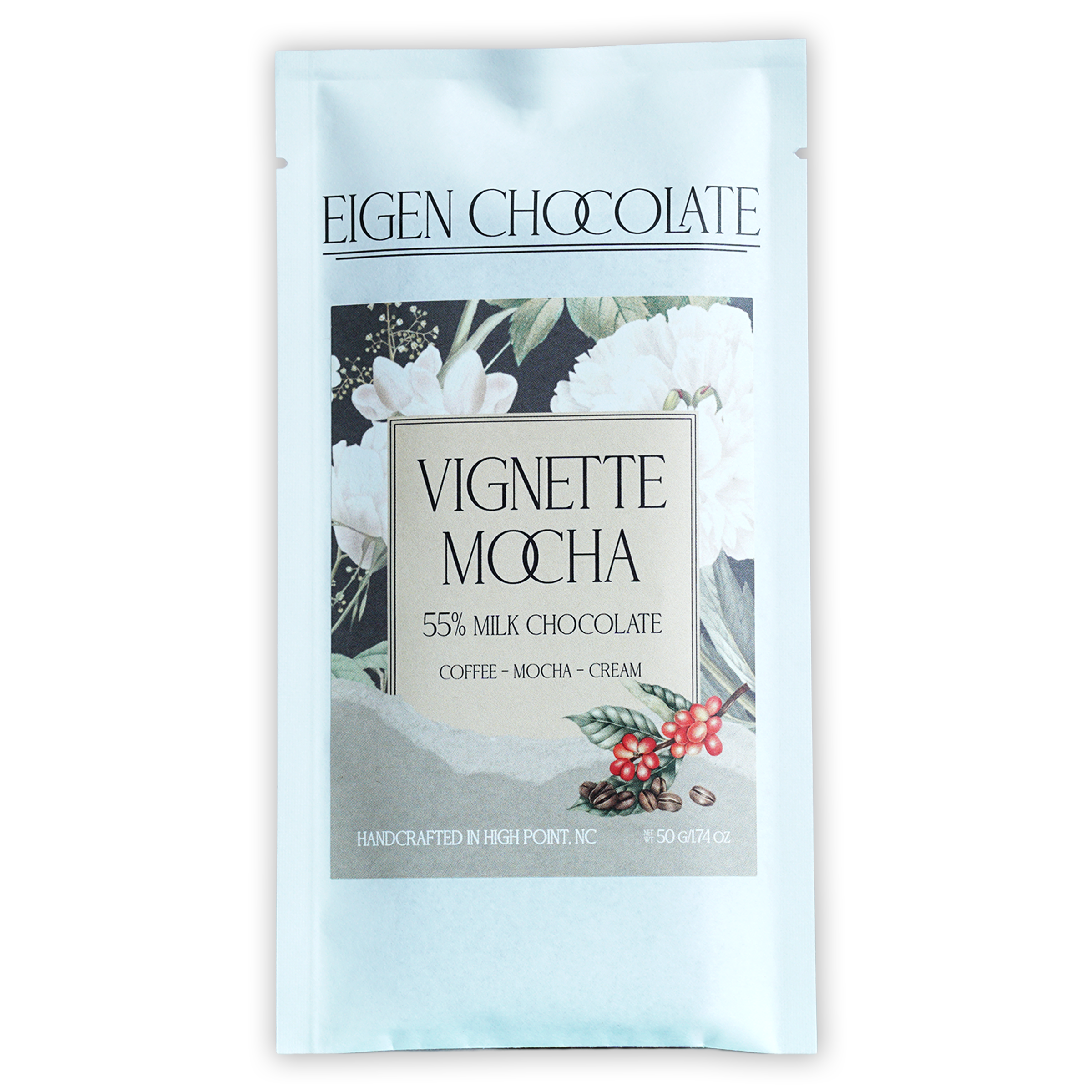 Eigen Milk Chocolate Vignette Mocha 55% bar in white foil wrapper